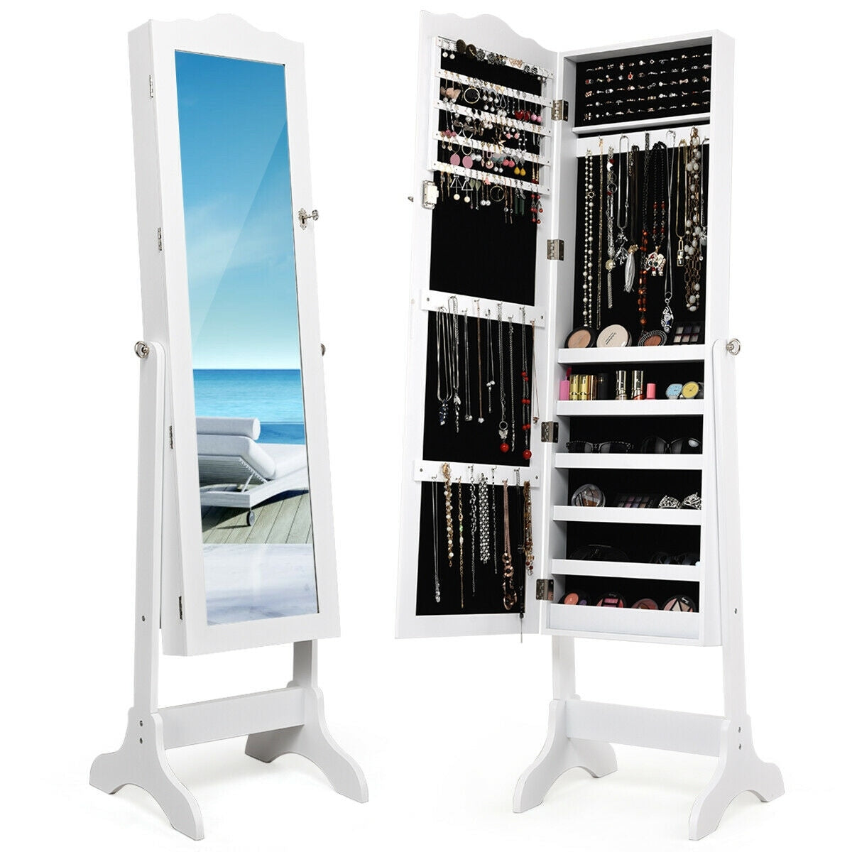 Costway Lockable Mirrored Jewelry Cabinet Armoire Mirror Organizer Storage Box W Stand White