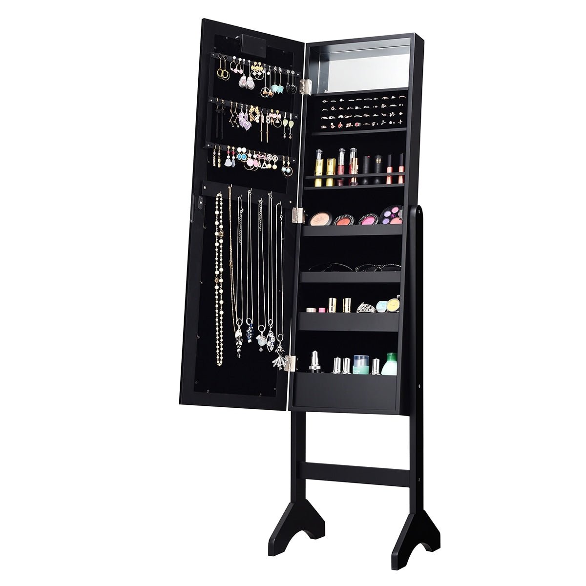 Costway Mirrored Jewelry Cabinet Armoire Organizer Free Standing W 18 Led Lights Black