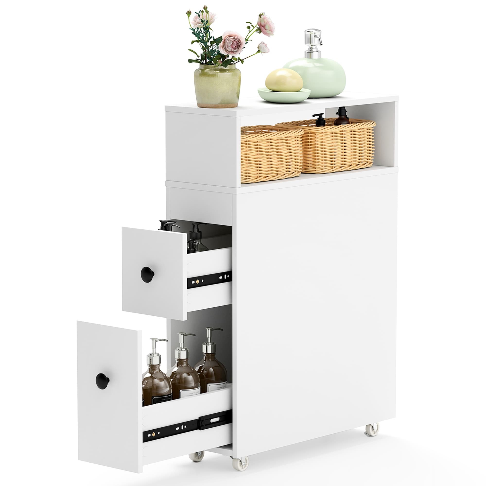 Costway Wood Floor Bathroom Storage Rolling Cabinet Holder Organizer Bath Toilet White