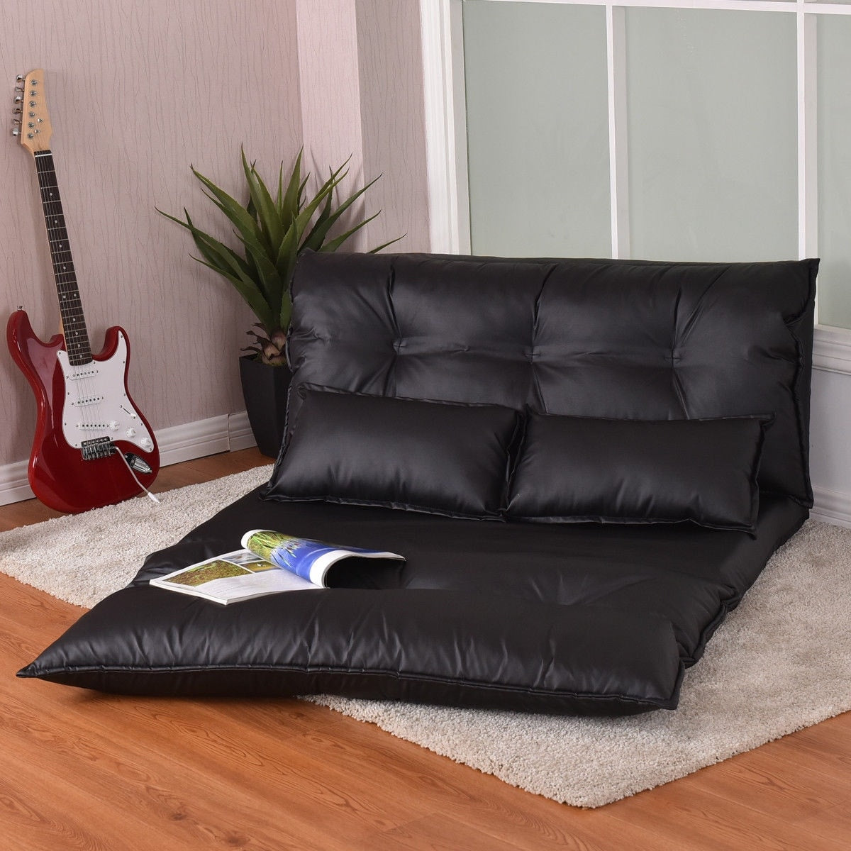 Costway Pu Leather Foldable Modern Leisure Floor Sofa Bed Video Gaming 2 Pillows Black