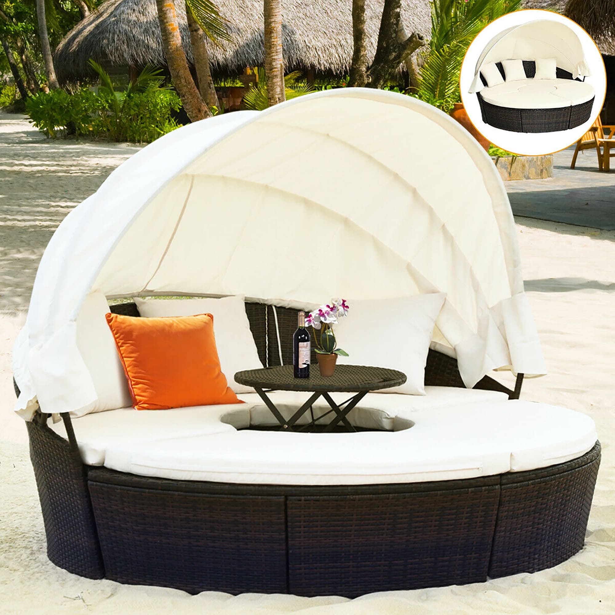 Costway Daybed Patio Sofa Furniture Round Retractable Canopy Wicker