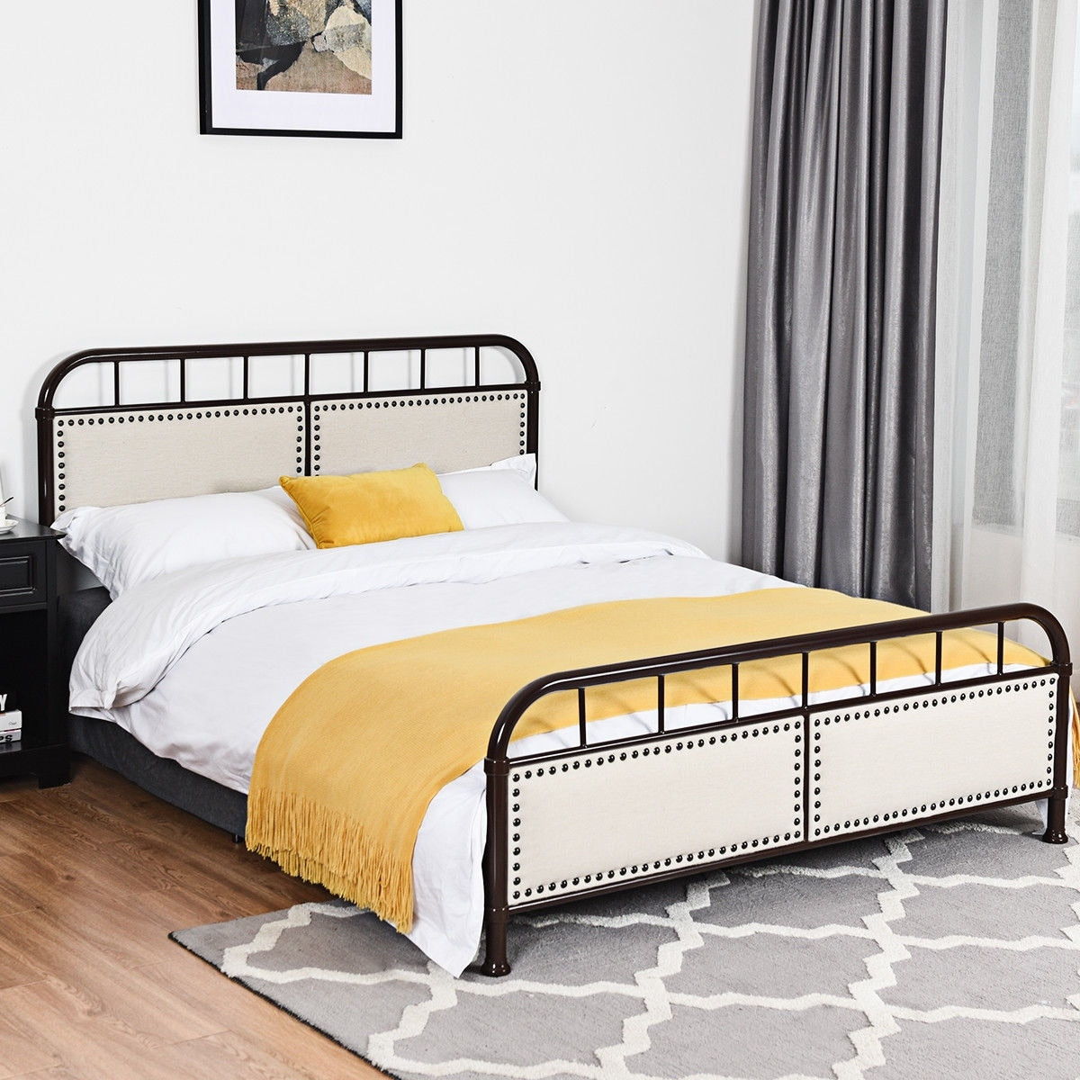 Costway Queen Size Metal Bed Frame Platform Bed Upholstered Panel Headboard Footboard N A