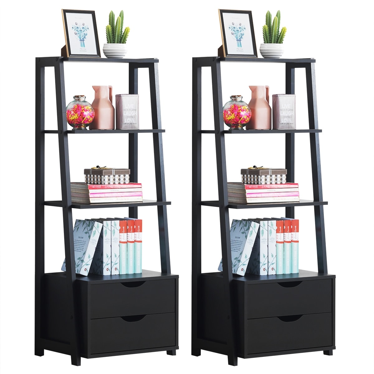Costway Set Of 2 Ladder Shelf 4 Tier Bookshelf Bookcase Storage Leaning With 2 Drawers