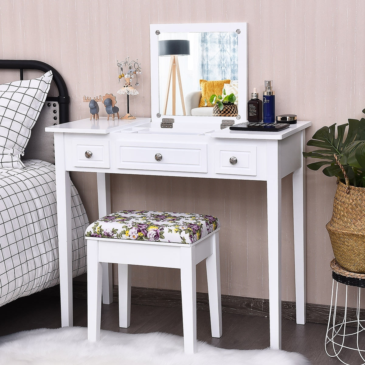 Costway Vanity Dressing Table Set W Flip Top Mirror 3 Drawers 7 Compartments Makeup Desk