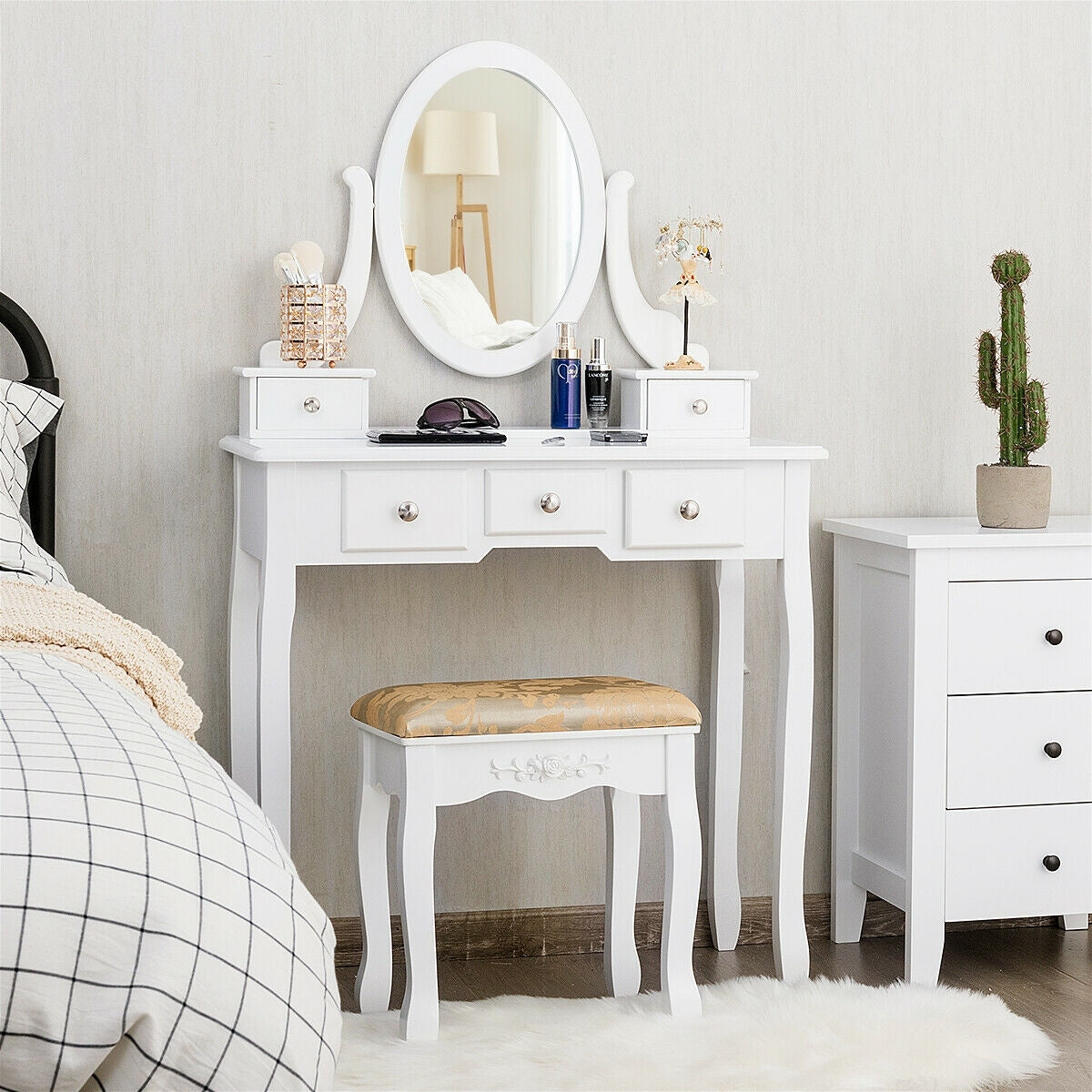 Costway Vanity Table Set Dressing Table Set W 5 Drawer Make Up Table And Stool Set Whiteblack