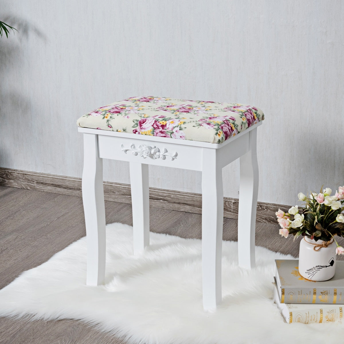 Costway White Vanity Wood Dressing Stool Padded Chair Makeup Bathroom W Rose Cushion