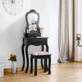Costway Vanity Wood Makeup Dressing Table Stool Set Jewelry Desk Drawer Mirror Black