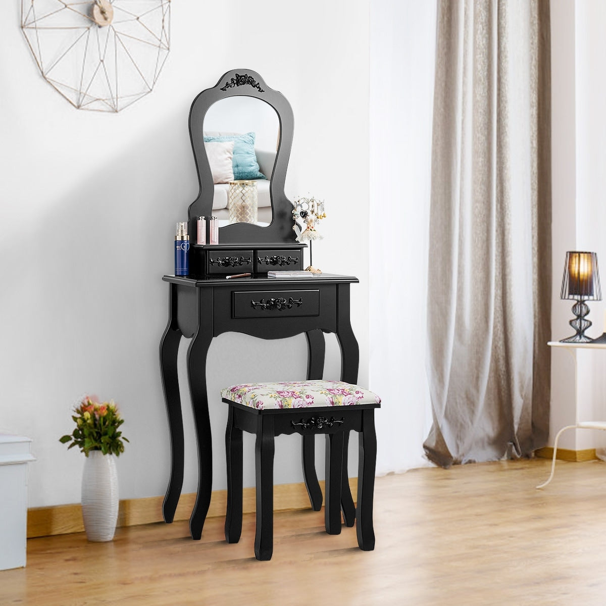 Costway Vanity Wood Makeup Dressing Table Stool Set Jewelry Desk Drawer Mirror Black