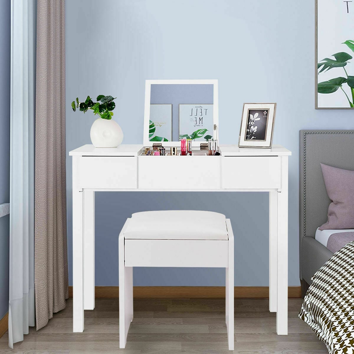 Costway White Vanity Dressing Table Set Mirrored Bathroom Furniture W Stool Storage Box