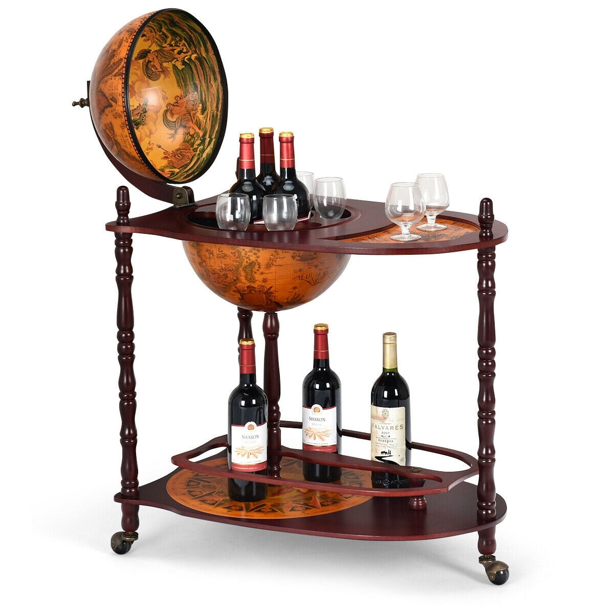 Costway Wood Globe Wine Bar Stand 34 H 16Th Century Italian Rack Liquor Bottle Shelf As Pic
