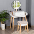Costway Wooden Vanity Makeup Dressing Table Stool Set Round Mirror W 1 Drawer