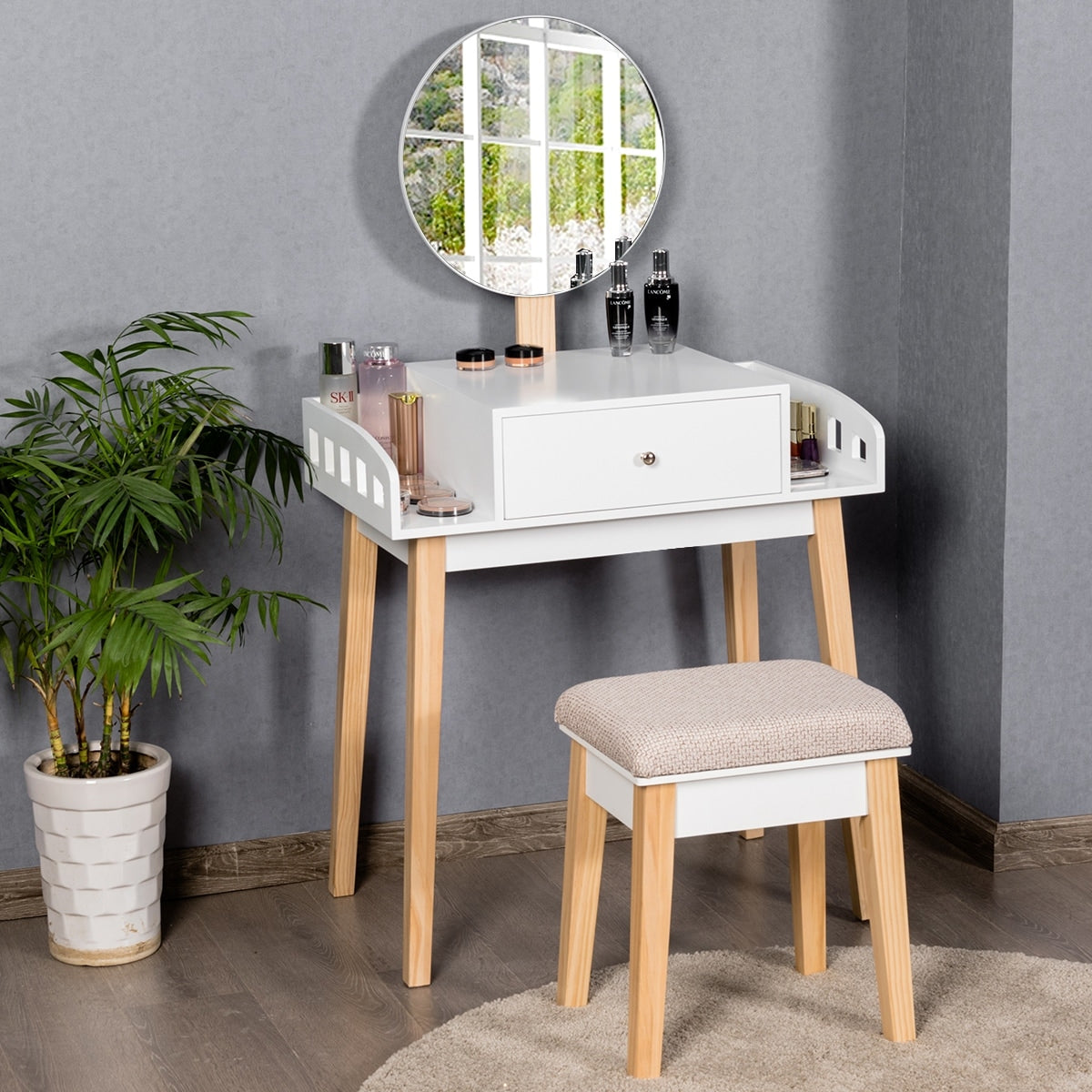 Costway Wooden Vanity Makeup Dressing Table Stool Set Round Mirror W 1 Drawer