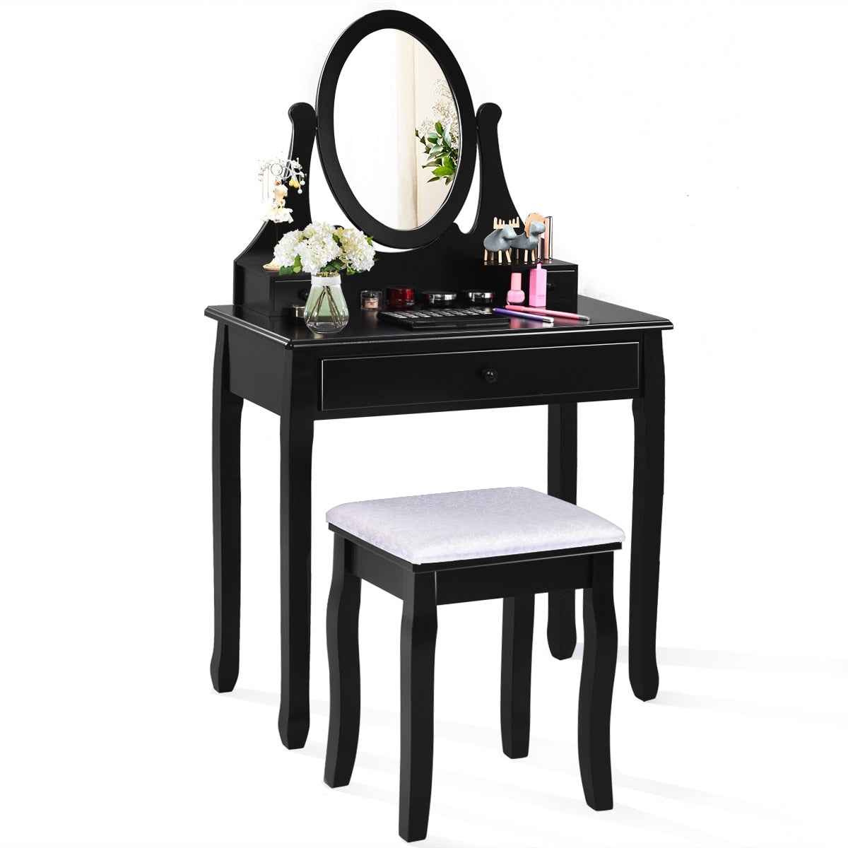 Costway Wooden Vanity Makeup Dressing Table Stool Set Bathroom Black