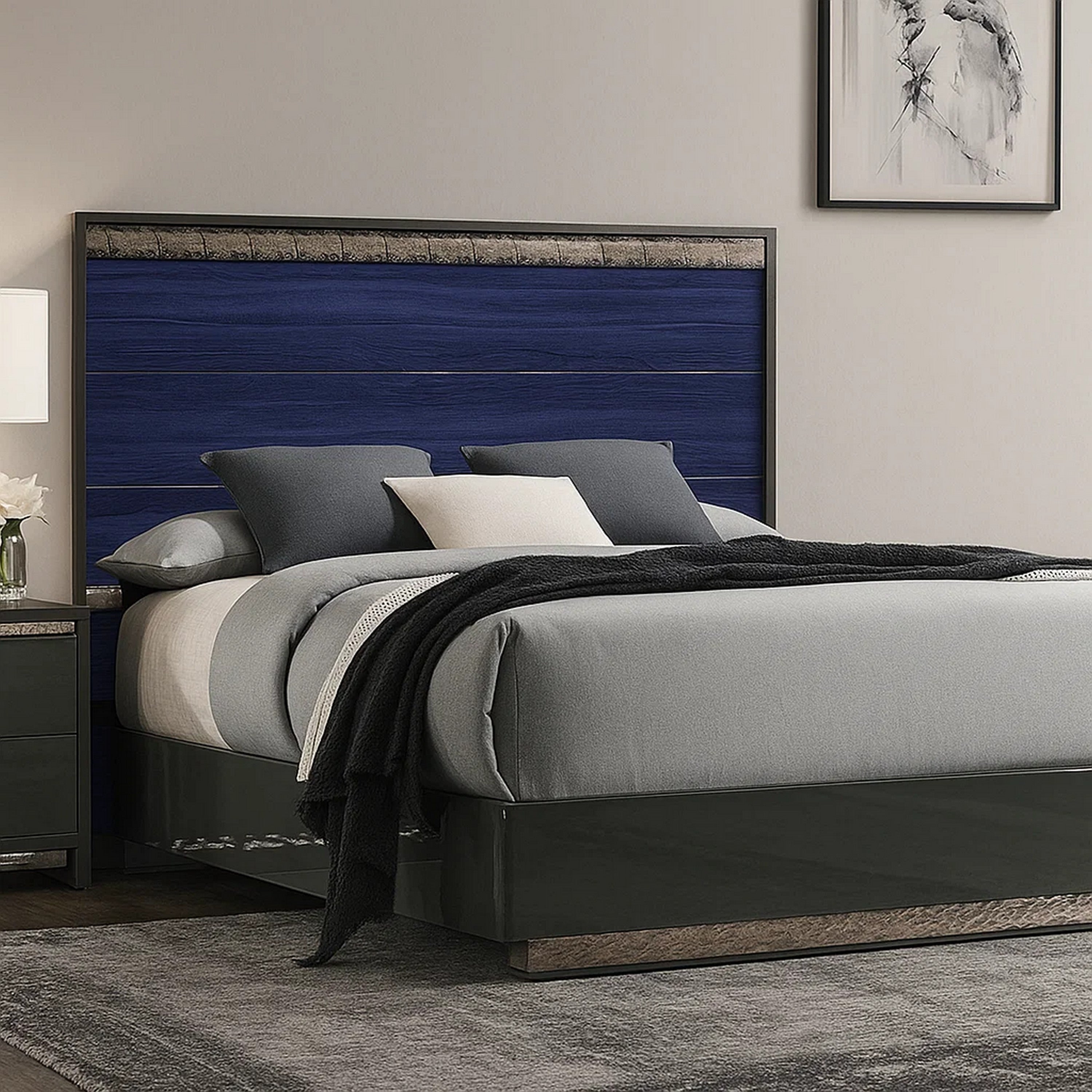 Cote Queen Bed Slat Panel Headboard Ash Gray And Indigo Blue Wood