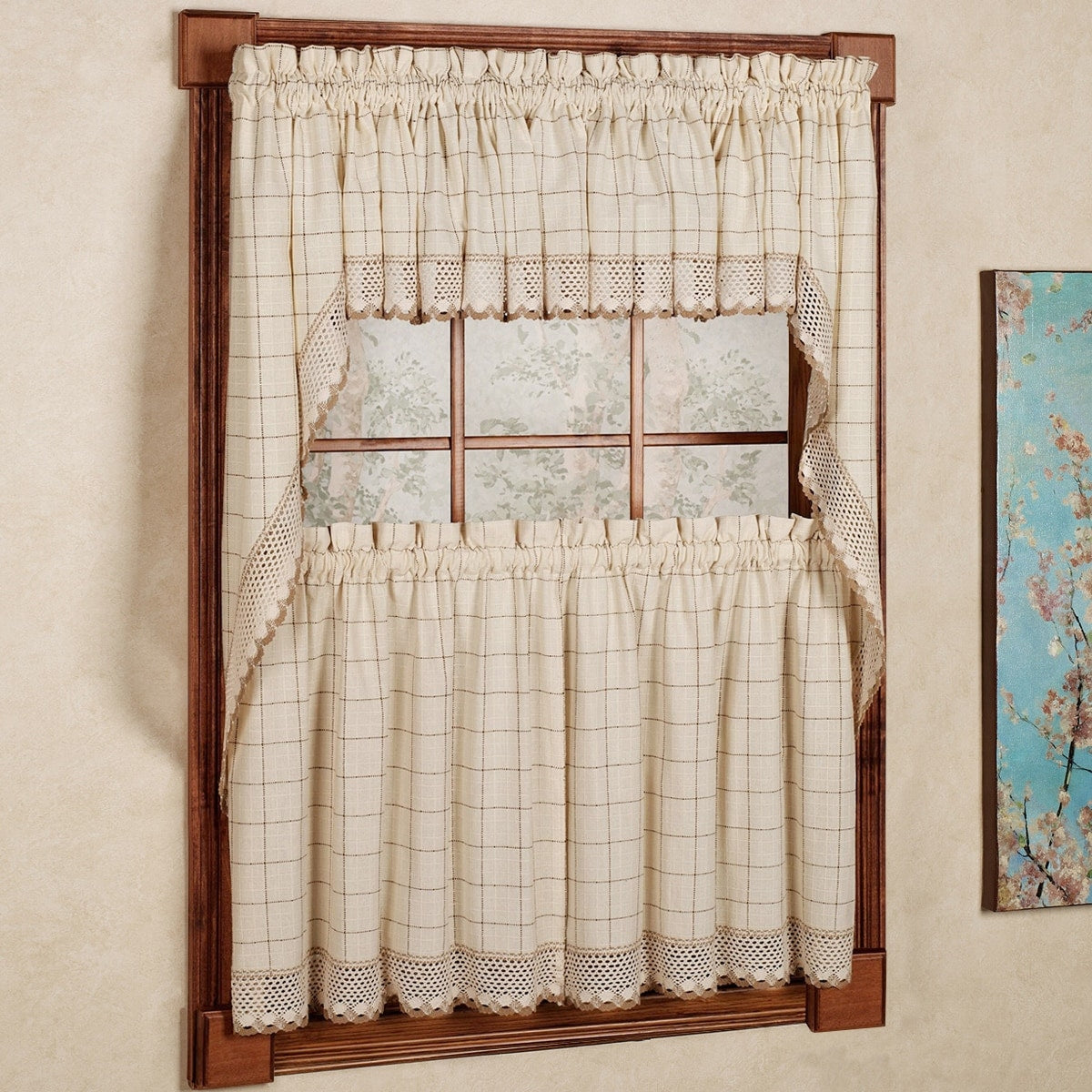 Cotton Classic Toast Window Pane Pattern And Crotchet Trim Tiers Swags And Valance Options