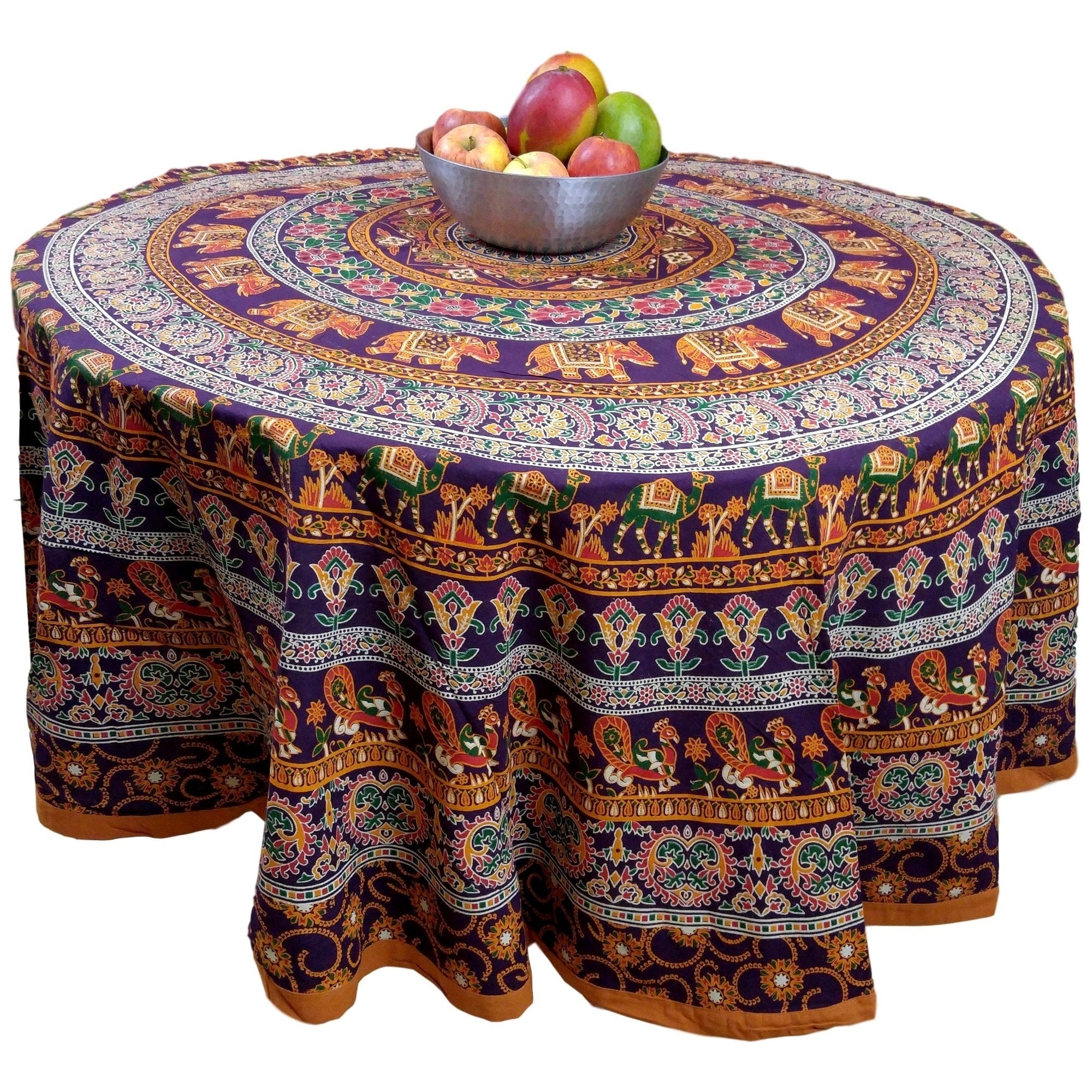 Handmade 100 Cotton Elephant Mandala Floral 81 Round Tablecloth Burgundy Mustard 72 Inches Round