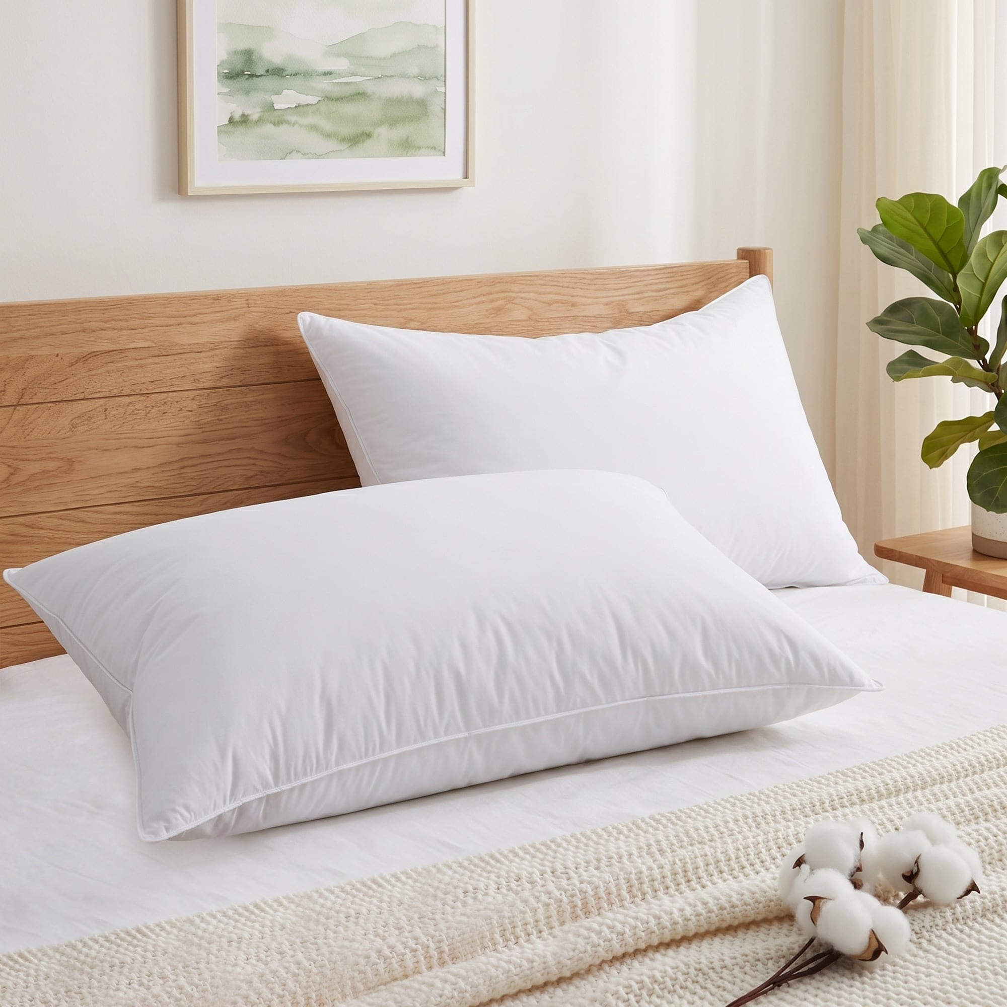 Cotton Cover Goose Feather Pillows Set Of 2 For Side Back Sleepers