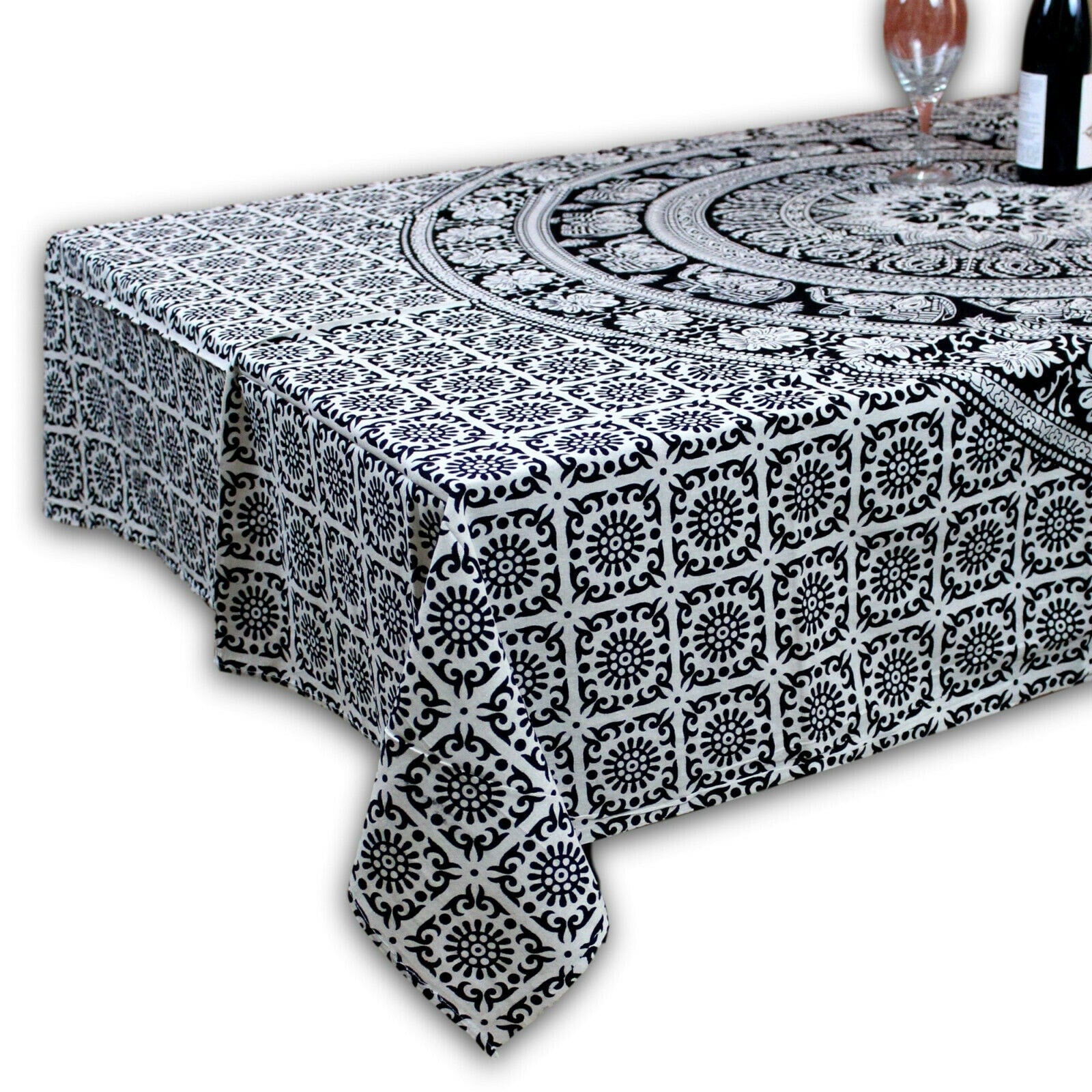 Cotton Elephant Floral Paisley Tablecloth Rectangular Blue Pink Orange Black White 55 X 85 Inches