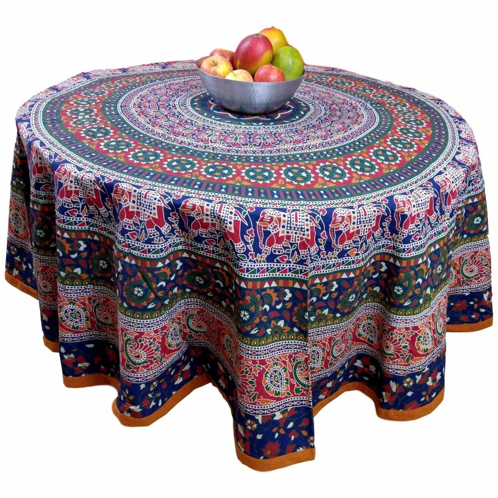 Cotton Elephant Mandala Floral Tablecloth Round 81 In Red Blue Orange Green