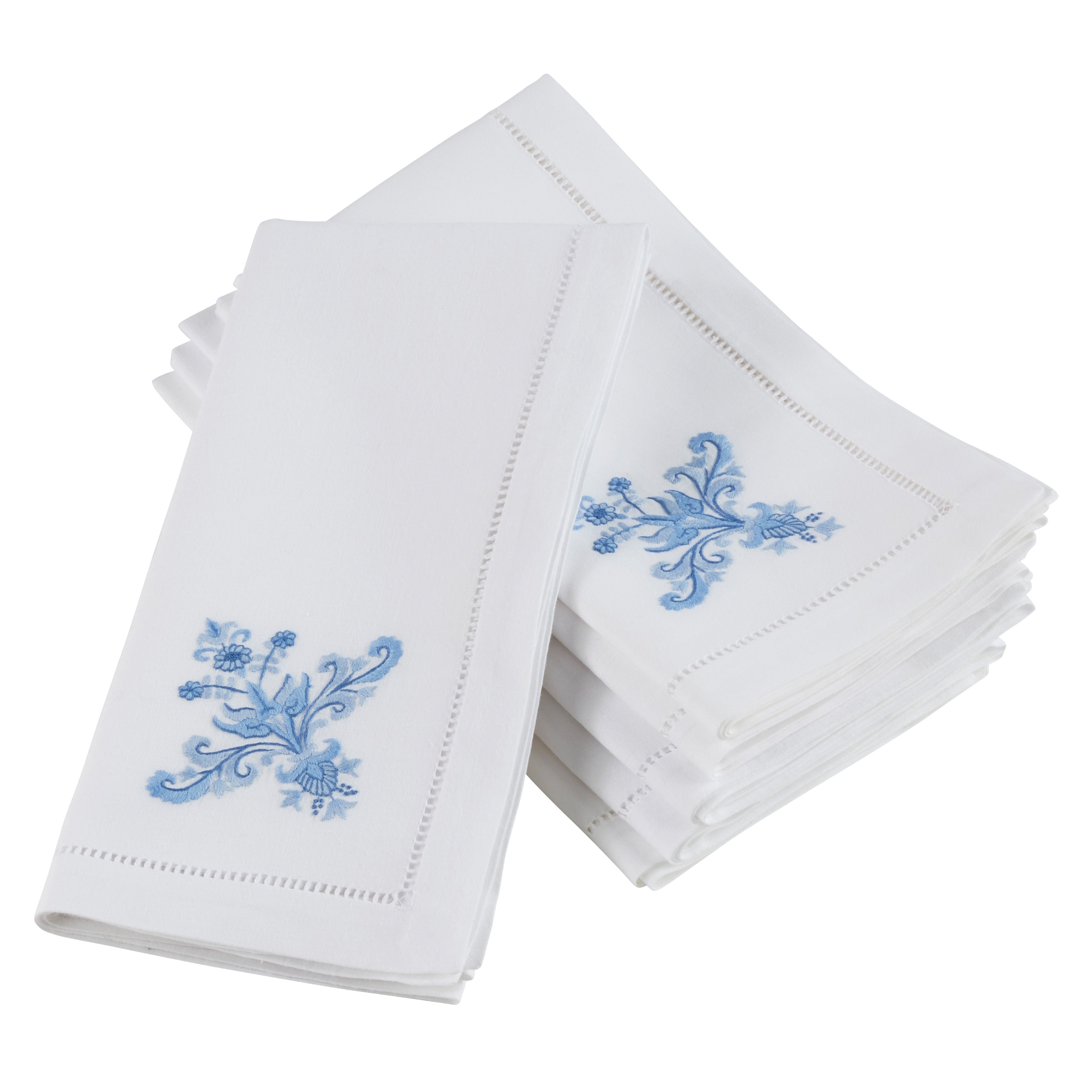 Embroidered Blue Floral Hemstitched Cotton Napkin Set Of 6