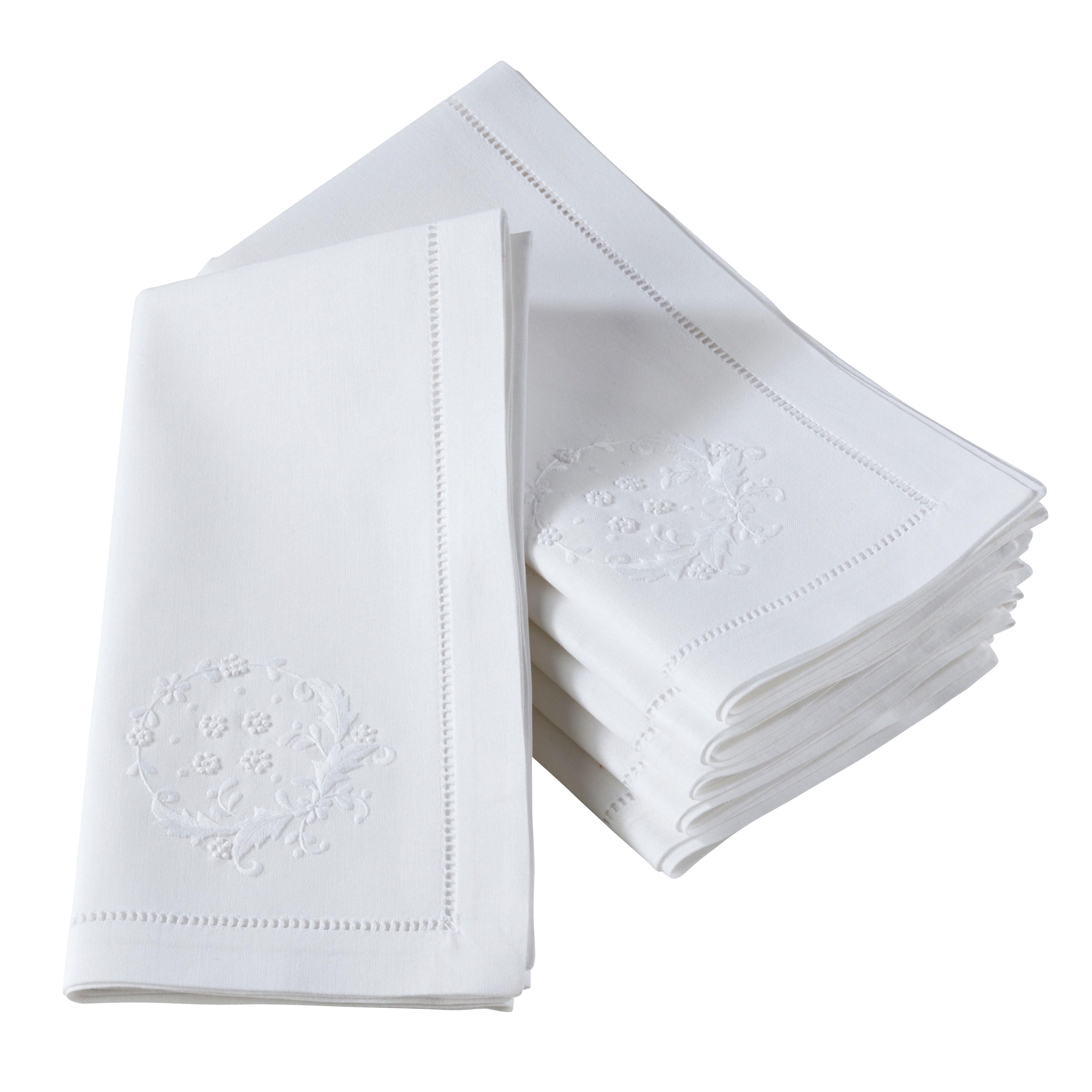 Embroidered Small Flowers Hemstitched Cotton Napkin Set Of 6