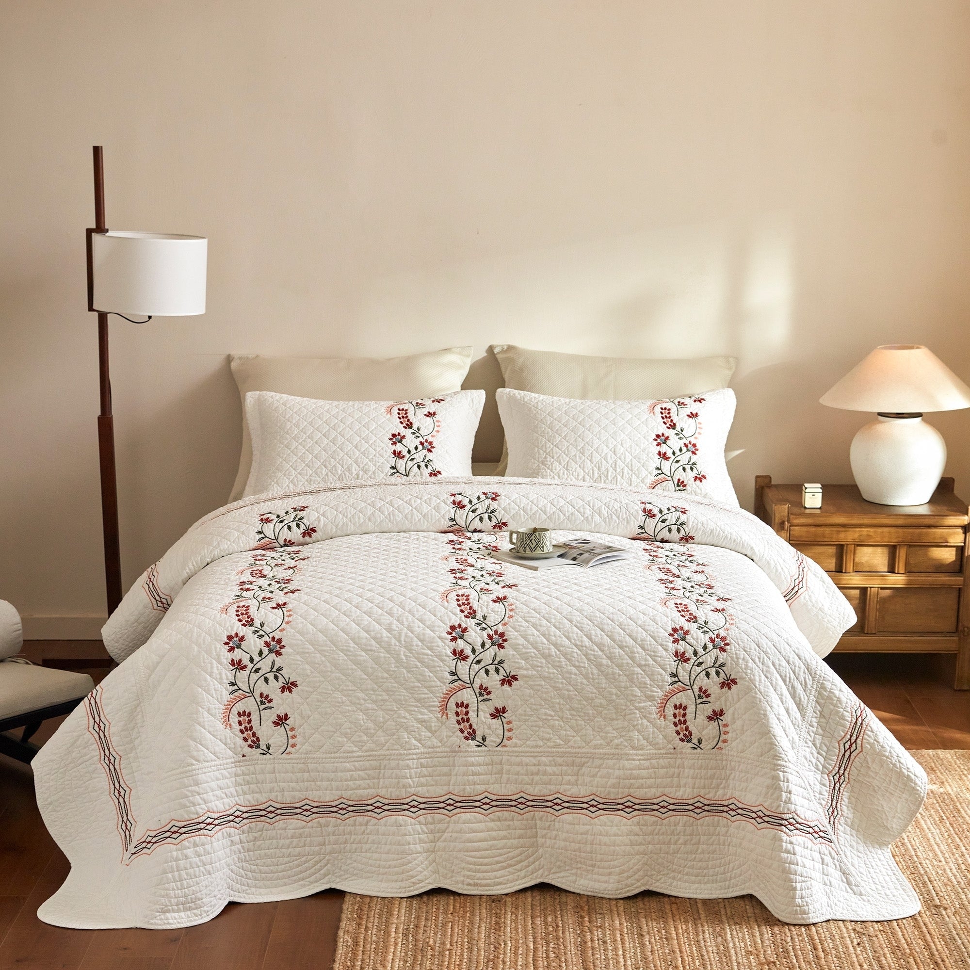 Cotton European Folk Embroidered Quilt Bedspread Set