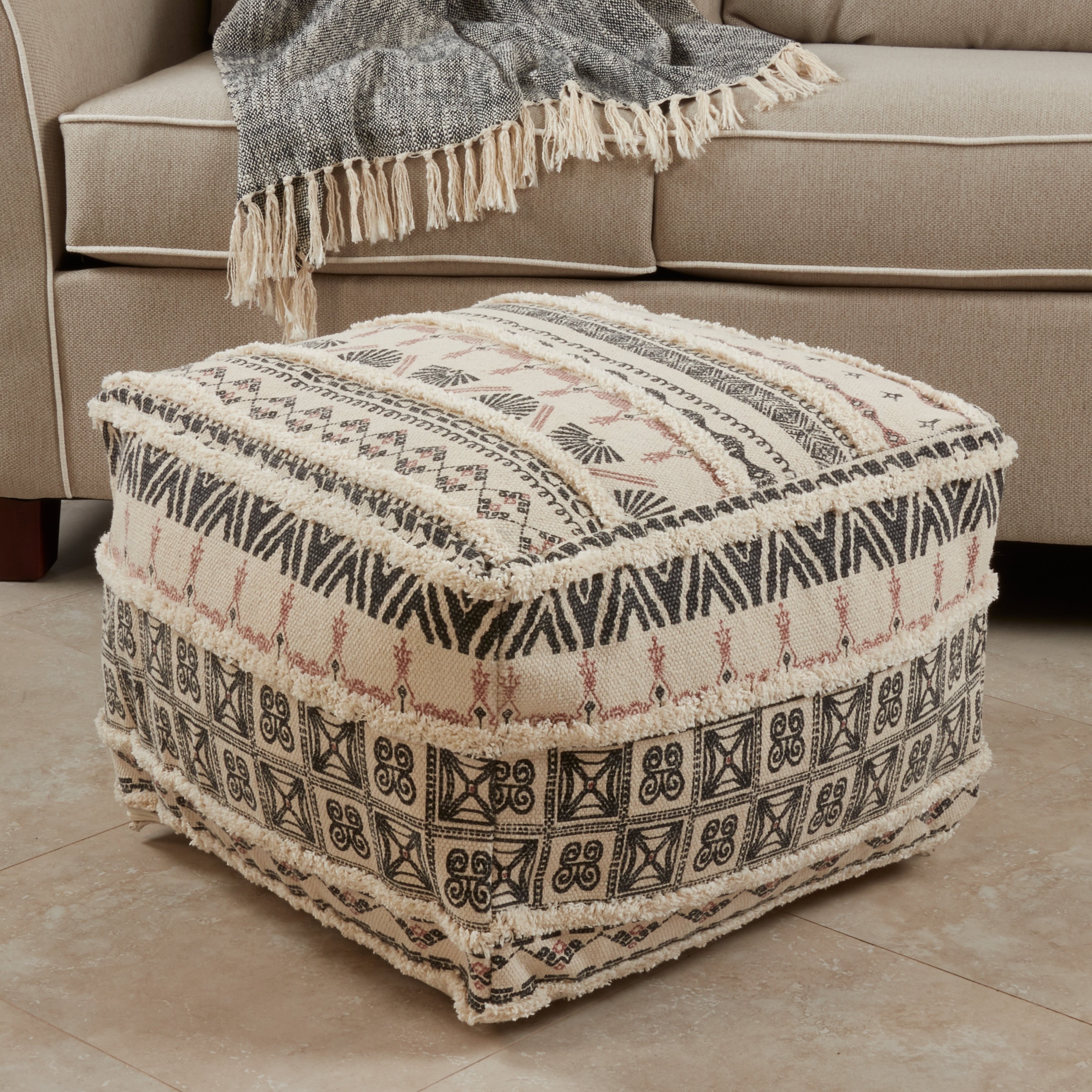 Cotton Floor Pouf With Printed And Tufted Design