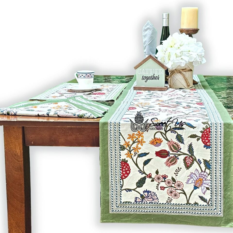 Handmade Lively Floral Brush Stroke Print Cotton Tablecloth Green Blue 60X60 Square 60X90 Rectangular 70 Round Runner
