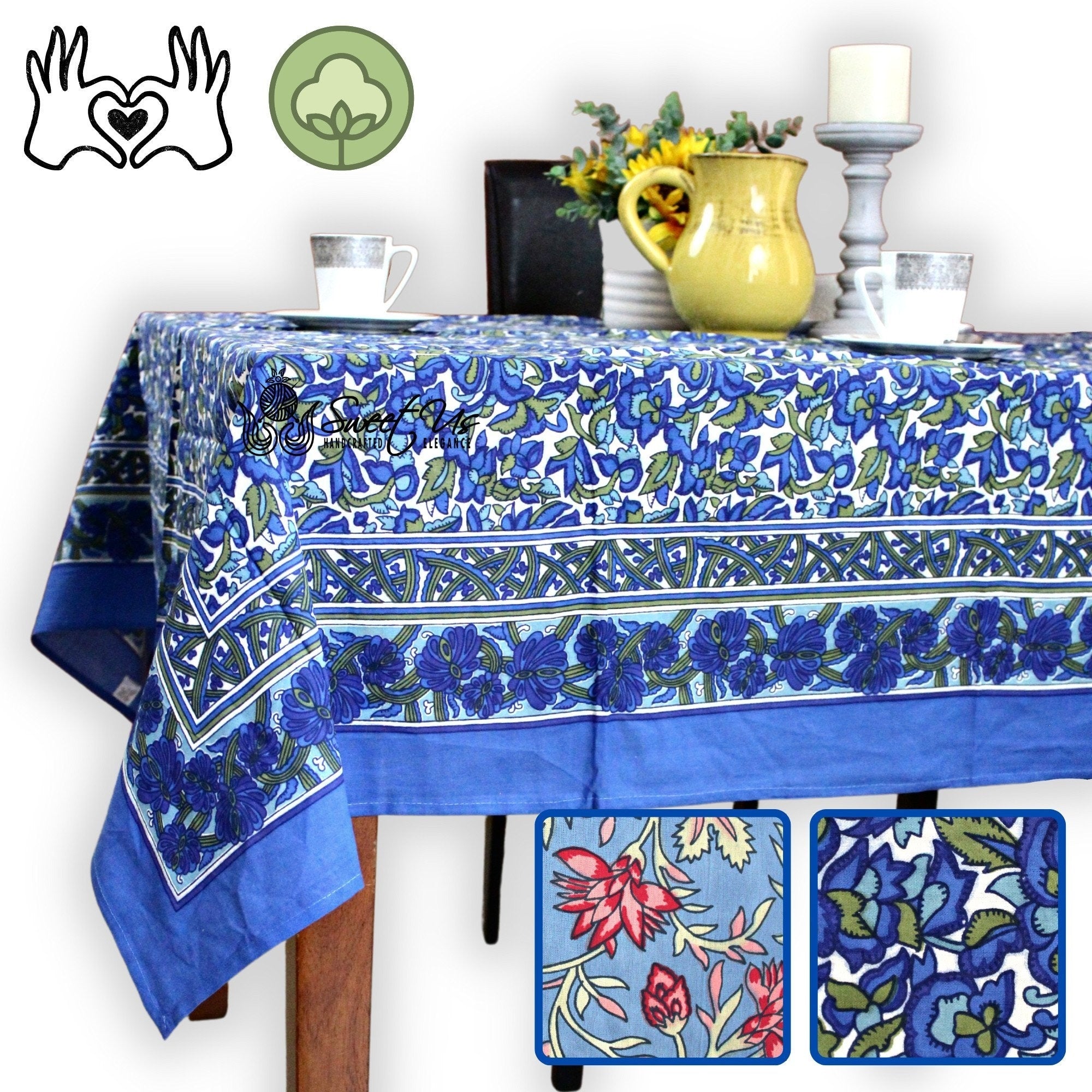 Handmade 100 Cotton Floral Tablecloth 90 Round Blue Olive Green