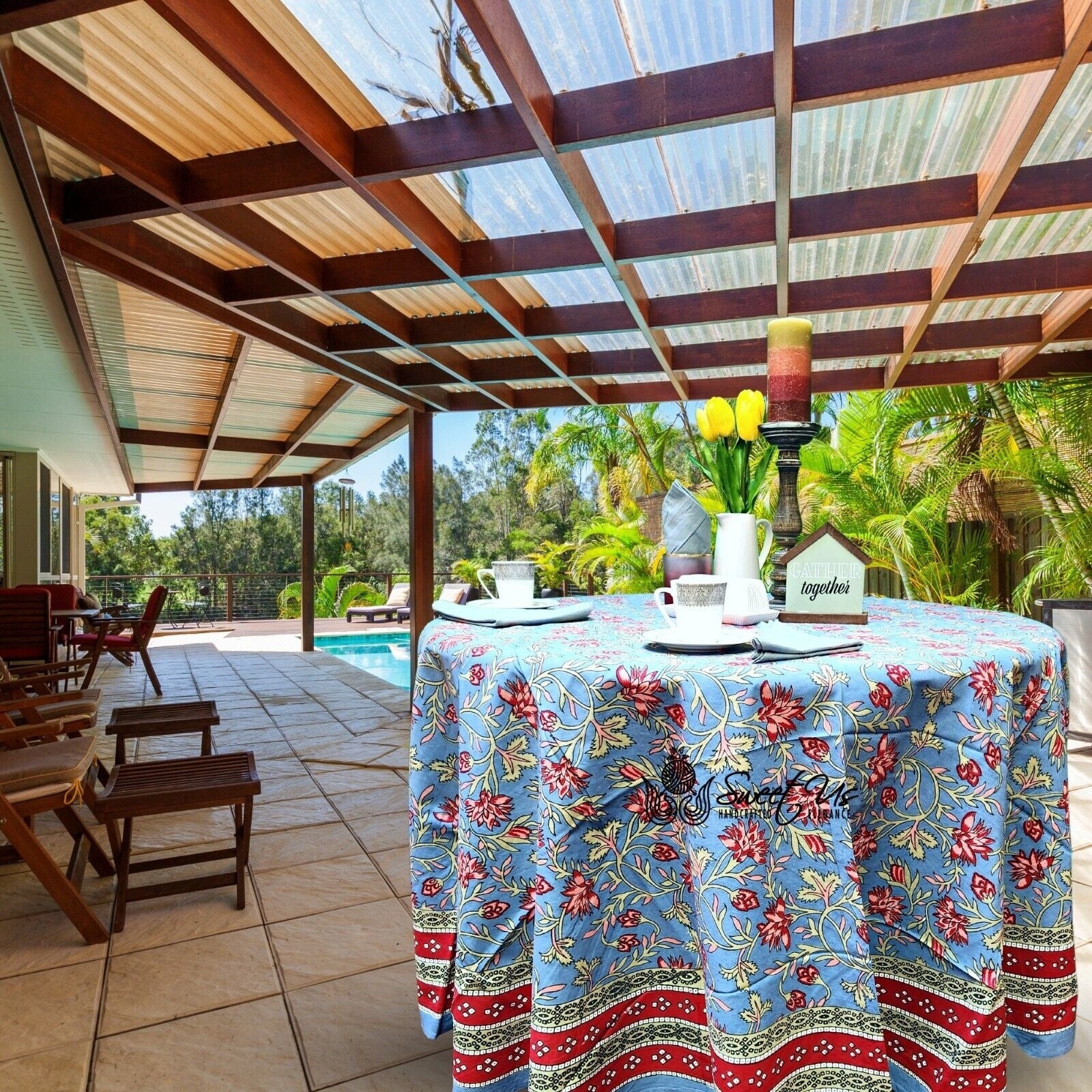 Handmade 100 Cotton Floral Tablecloth 90 Round Blue Red Pink