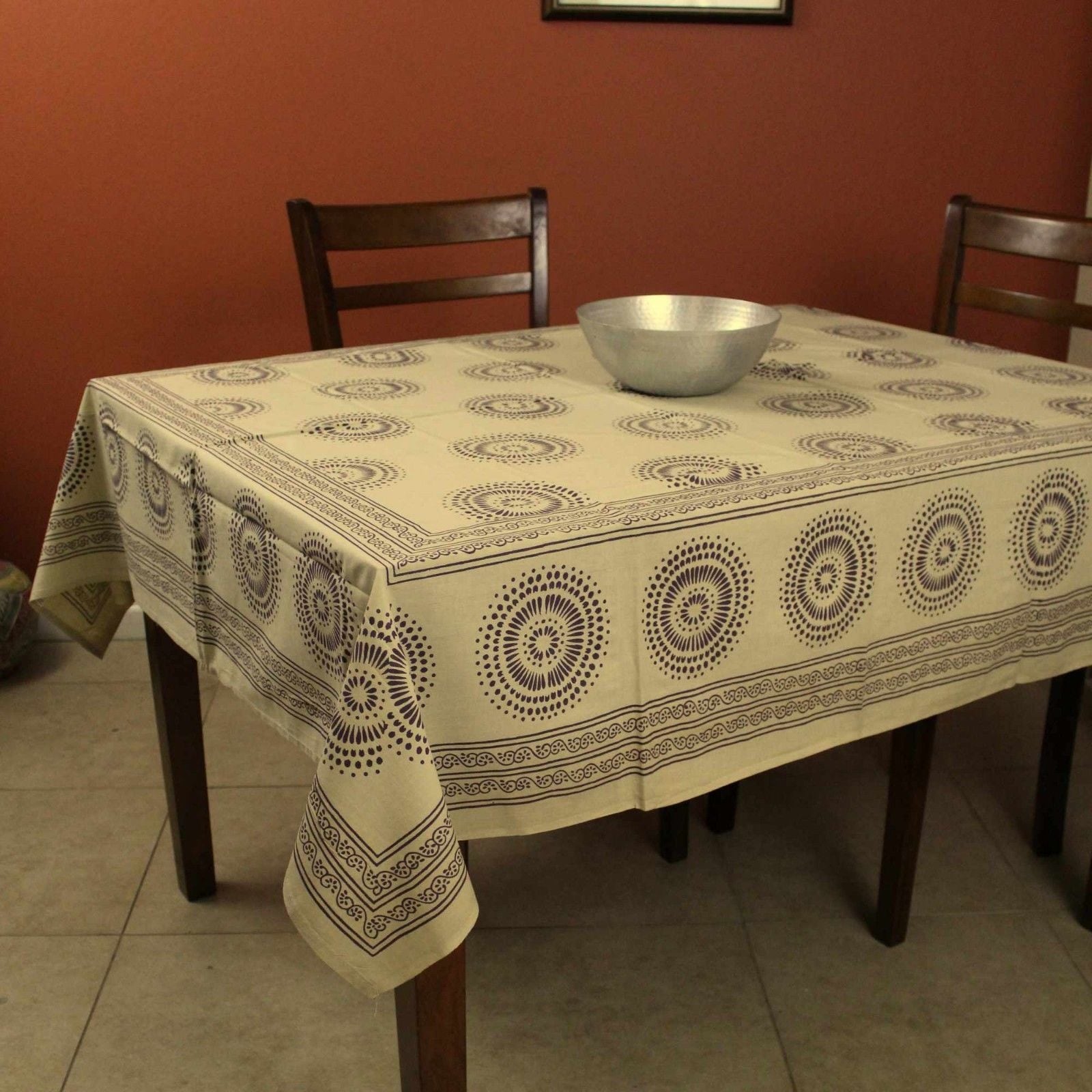 Cotton Floral Geometric Circle Print Tablecloth Rectangle 60X90 Green Off White 60 X 90 Inches