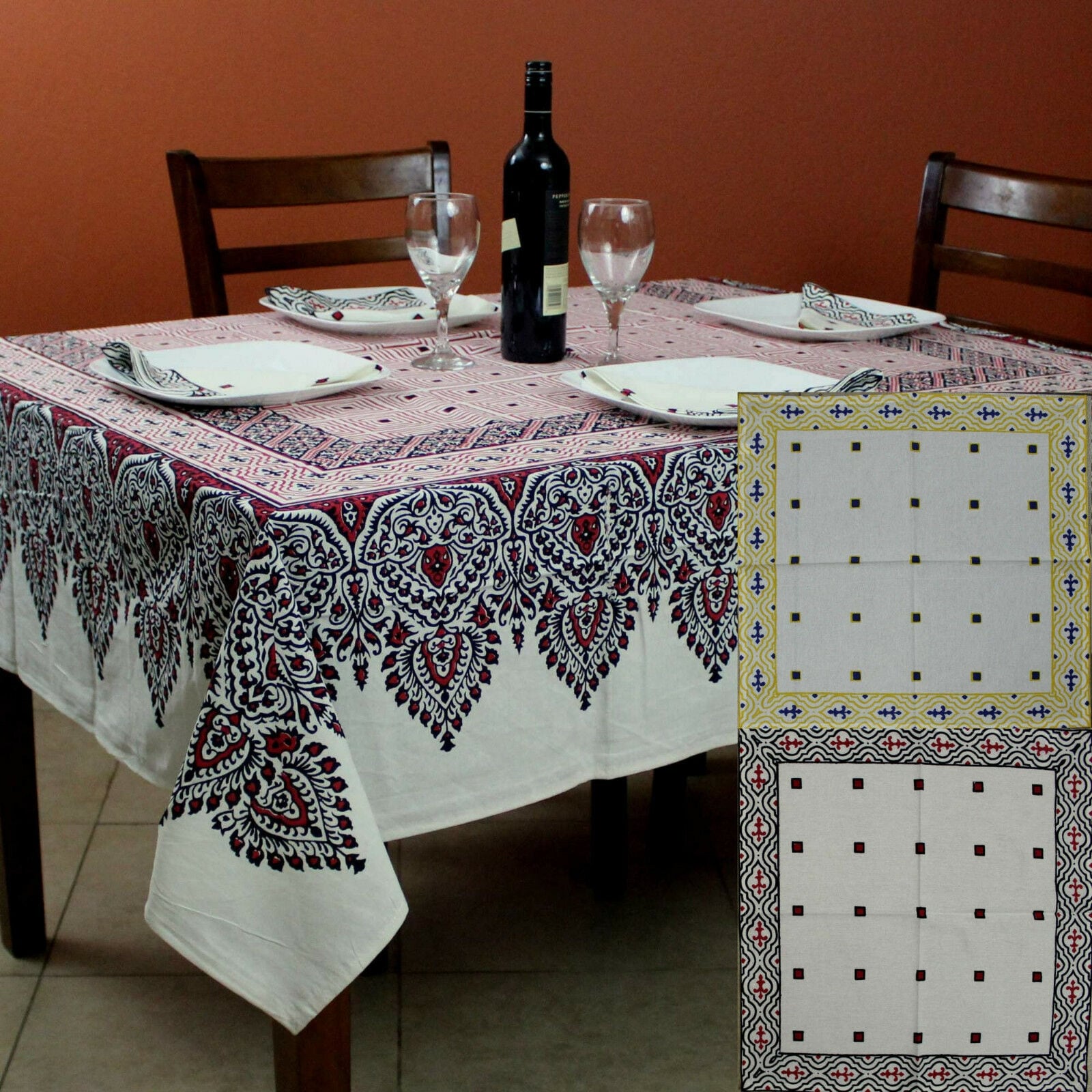 Cotton French Country Geometric Tablecloth Square 72 X 72 Inches Table Linen