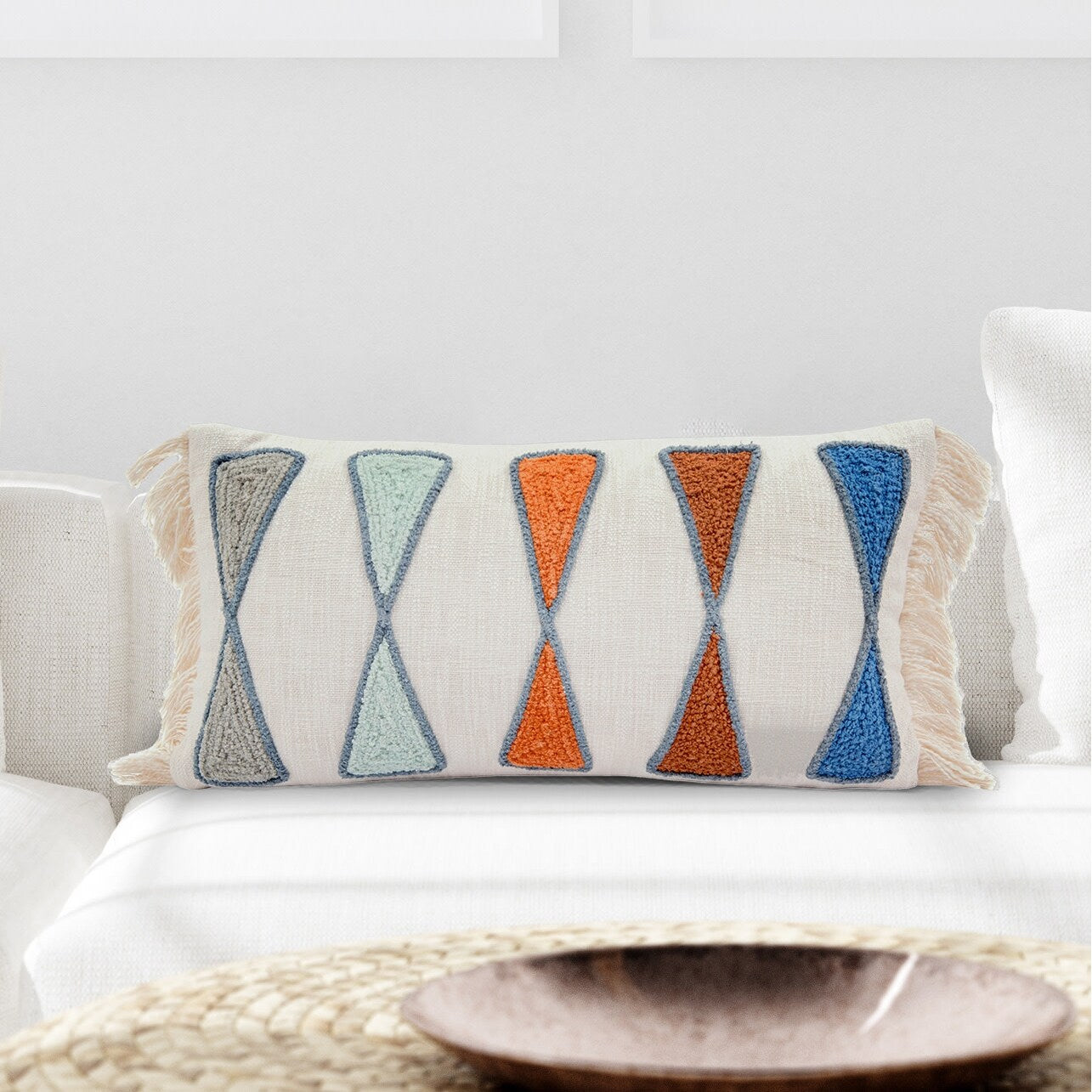 Multicolor Rectangle Cotton Pillow With Embroidery Fringe