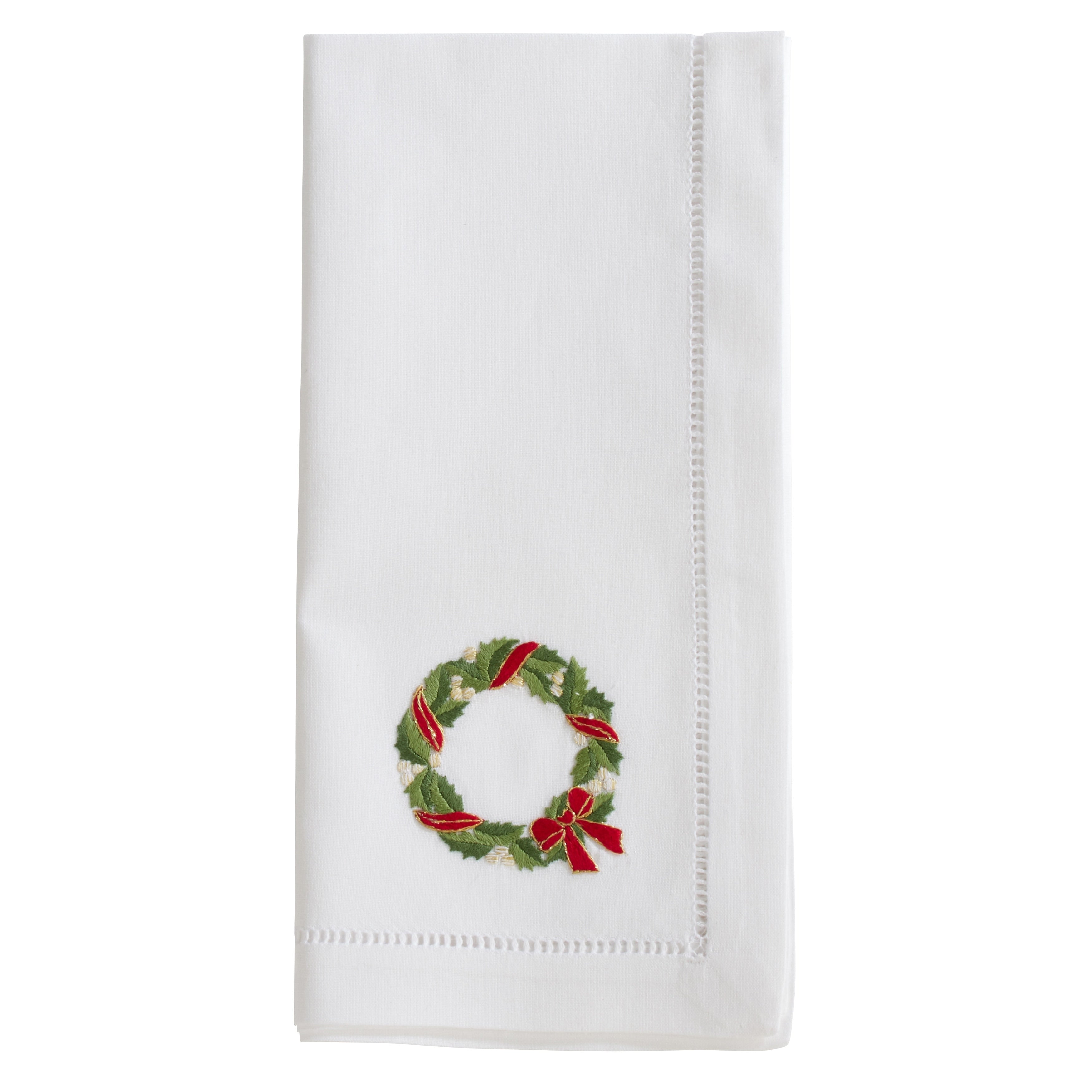 Cotton Napkins With Embroidered Ribbon Wreath Design Set Of 6