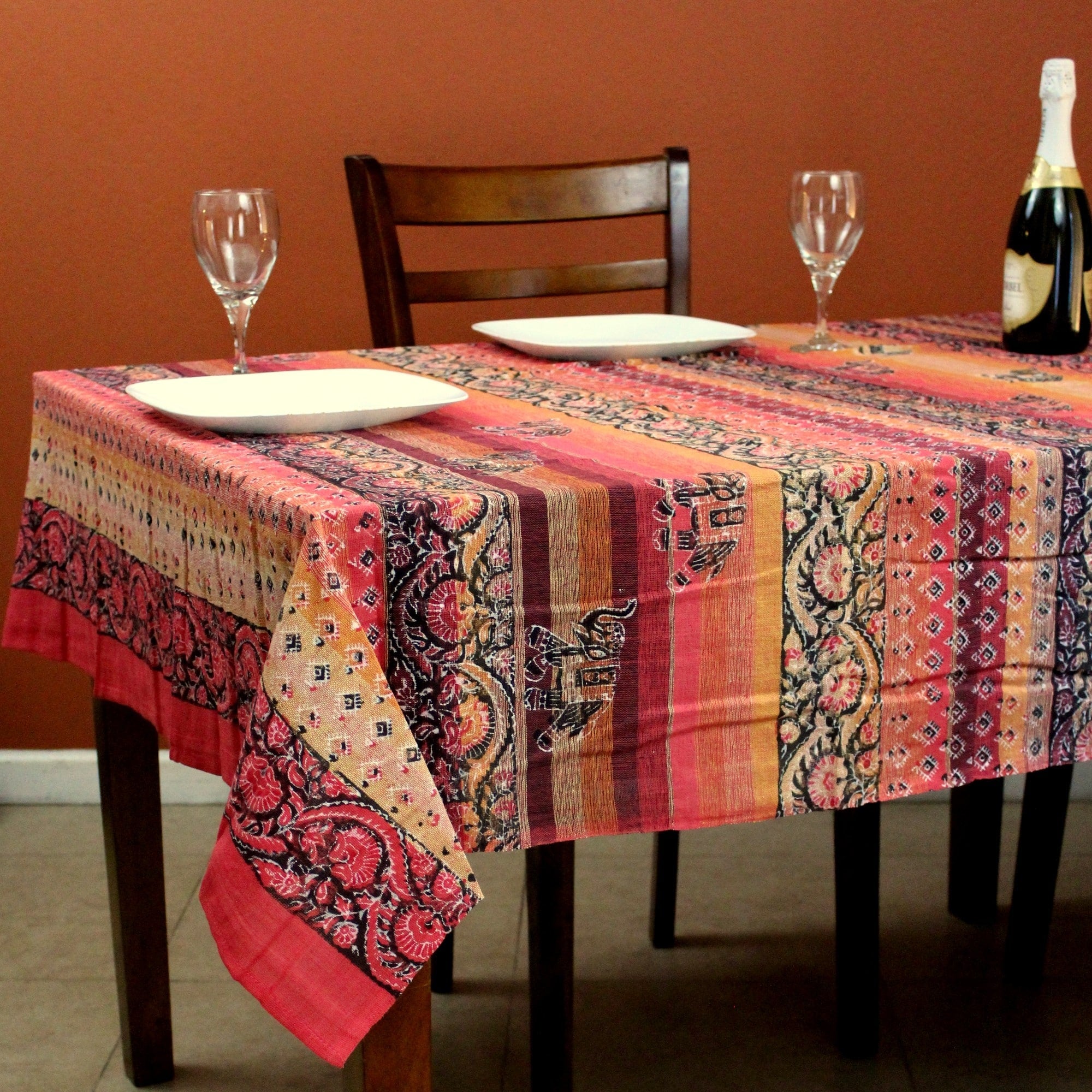 Handmade Cotton Paisley Good Luck Elephant Tapestry Tablecloth Full Bedspread Orange Twin