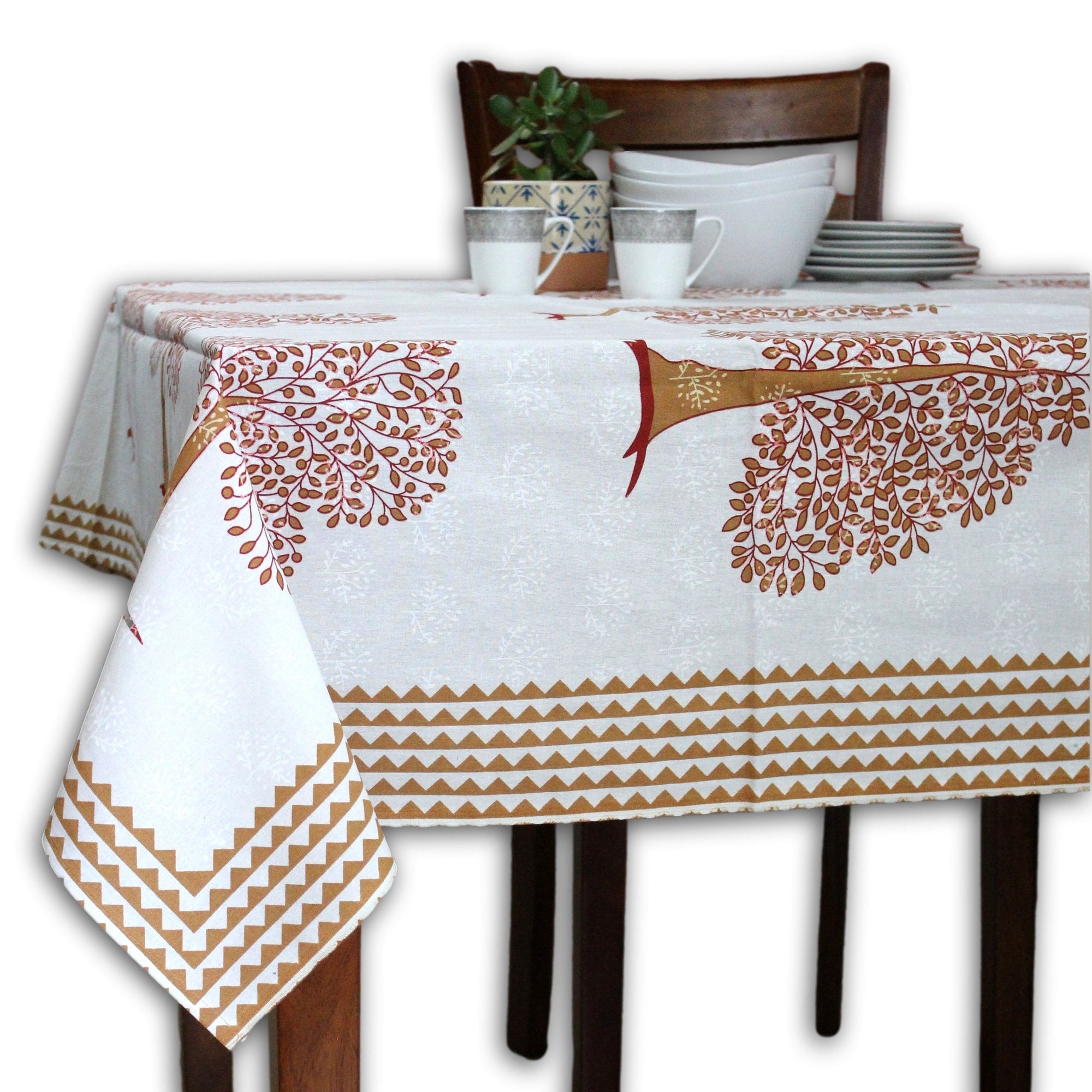 Cotton Tree Of Life Print Floral Tablecloth Rectangle 88X102 Blue White 88 X 102 Inches