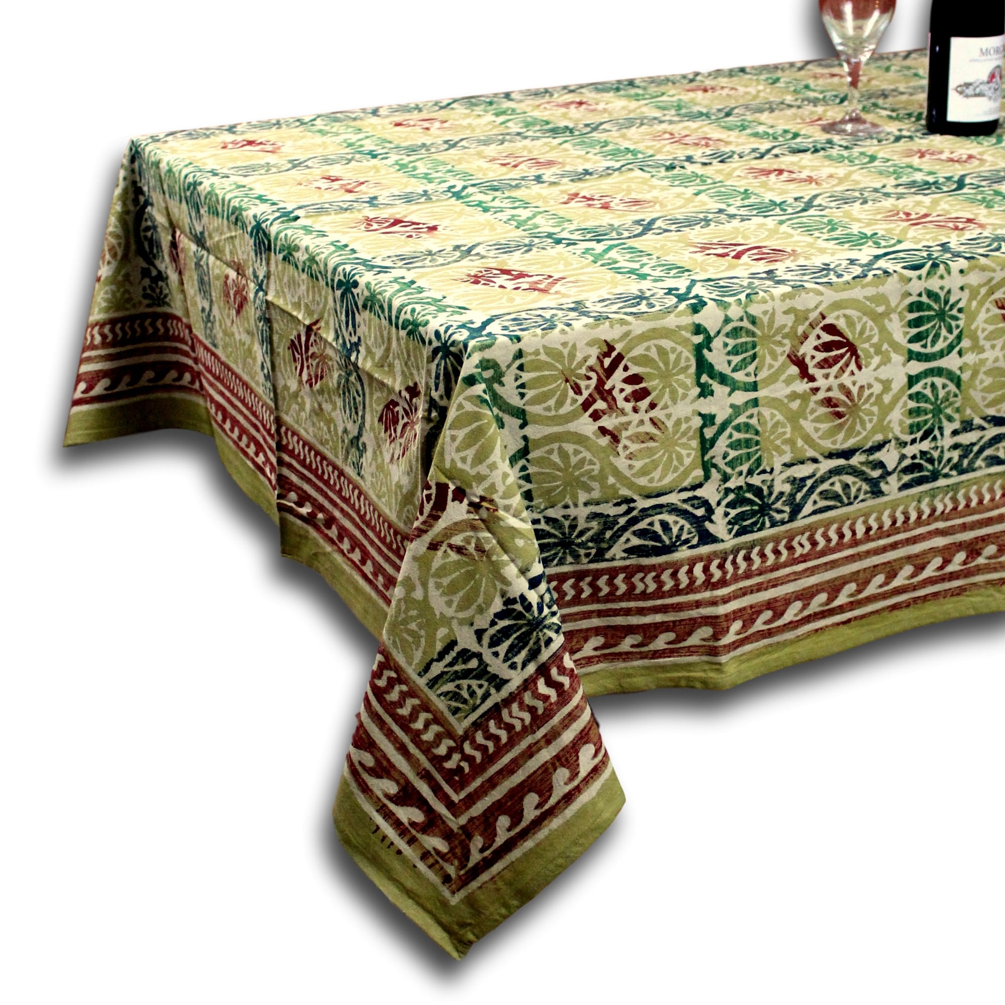 Cotton Hand Block Print Floral Tablecloth Round 72 Inches Beige Blue Green Red 72 Inches