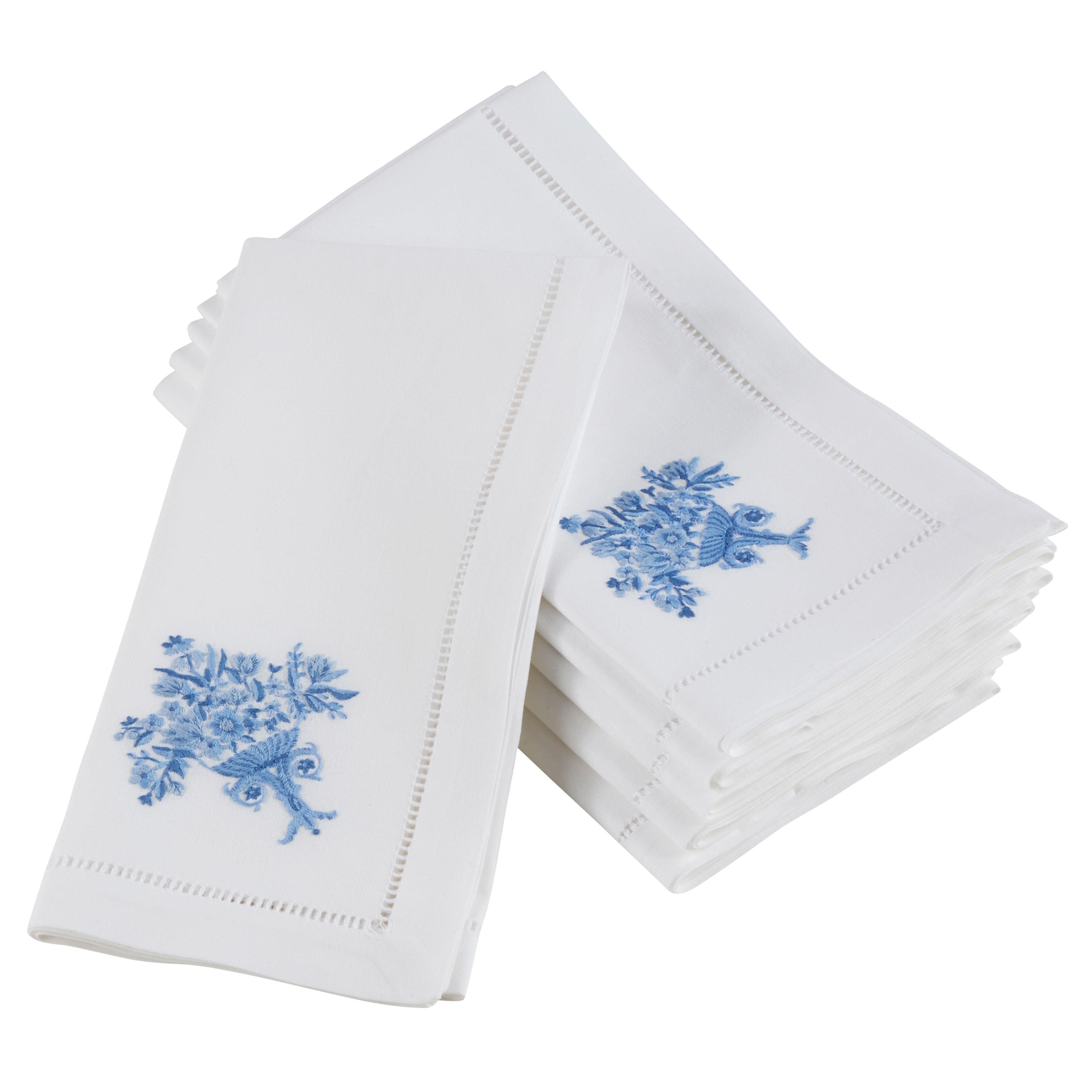 Embroidered Blue Floral Vase Hemstitched Cotton Napkin Set Of 6