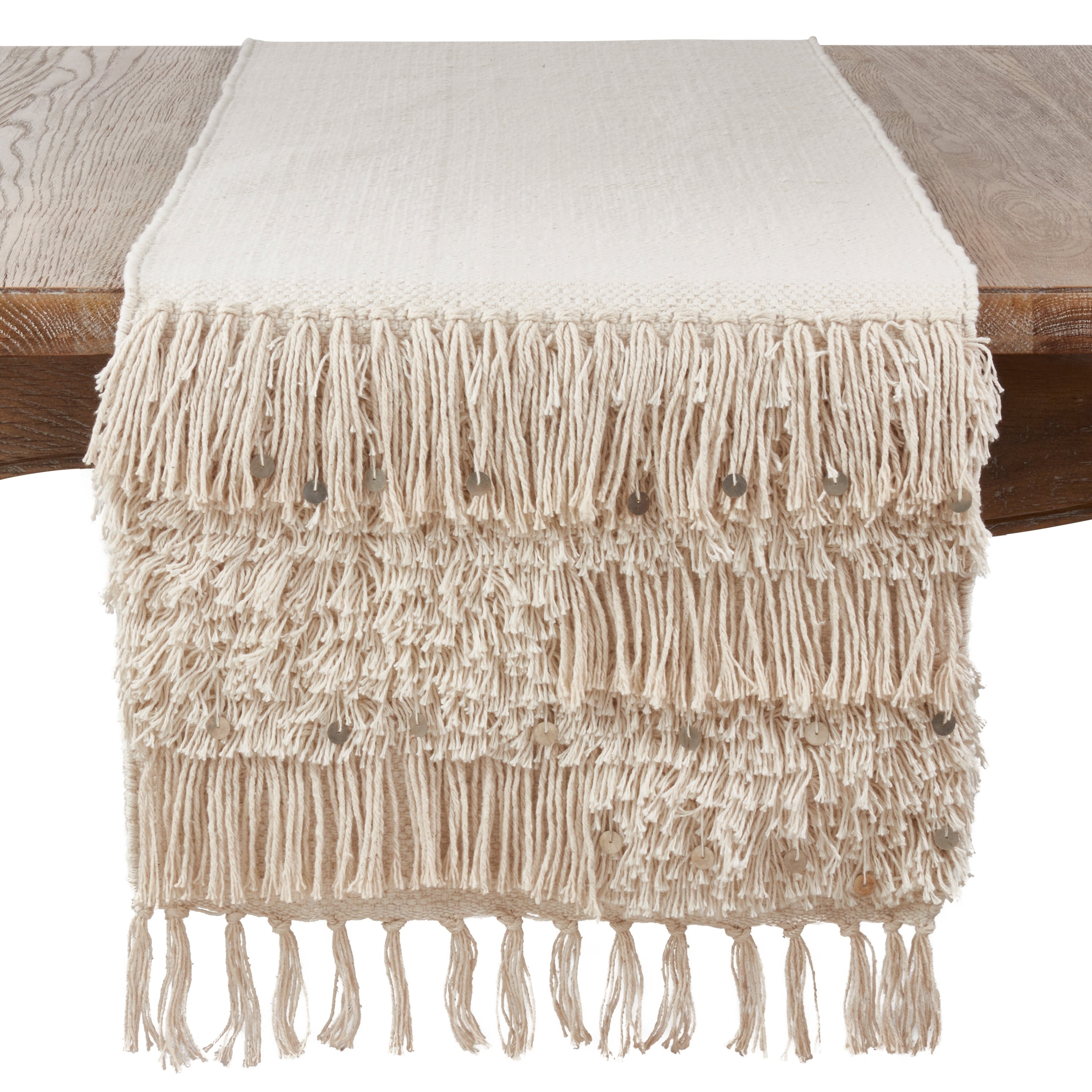 Saro Lifestyle Beige Cotton Table Runner With Sequin Moroccan Design
