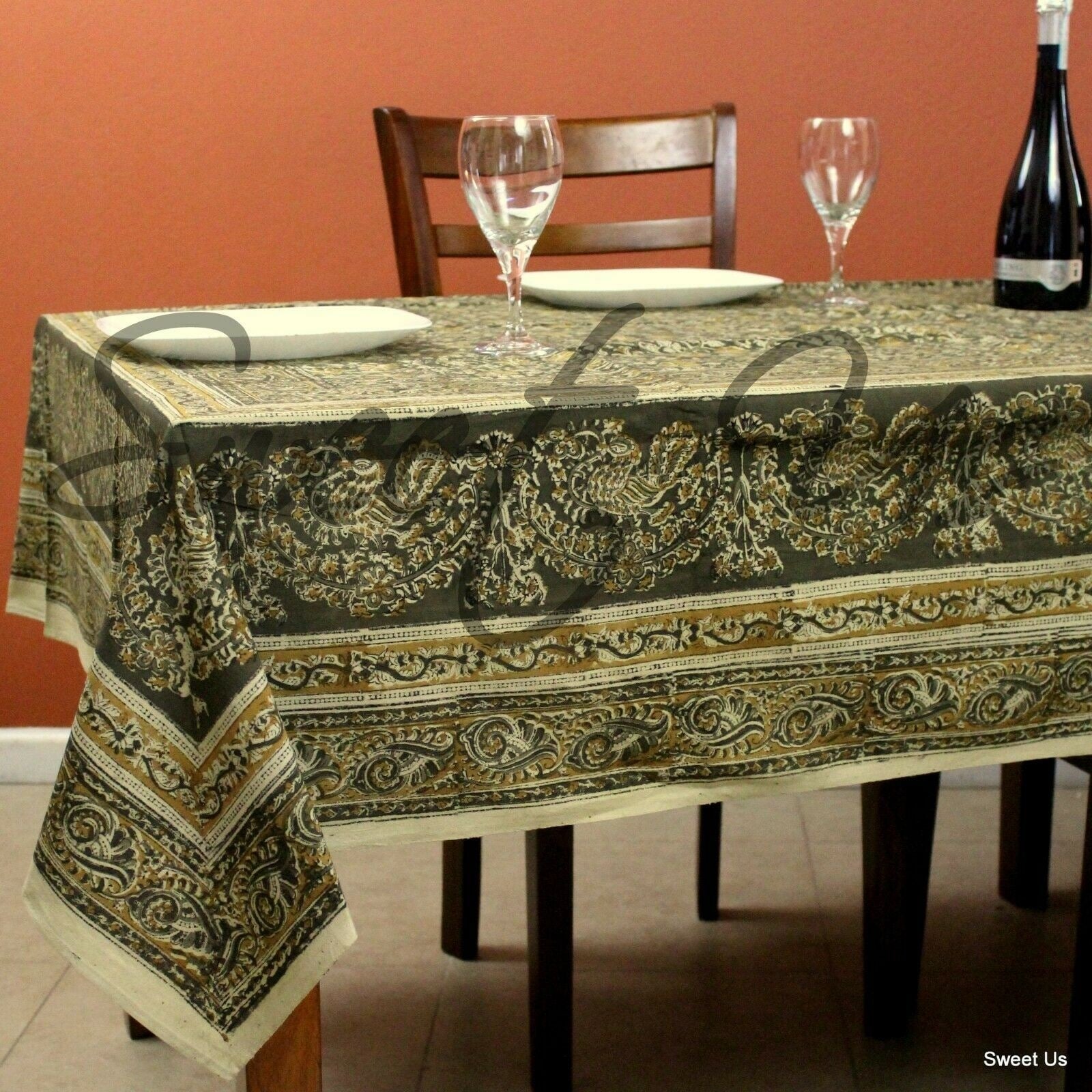 Block Print Cotton Vegetable Dye Floral Tablecloth Rectangle Green Gold Beige