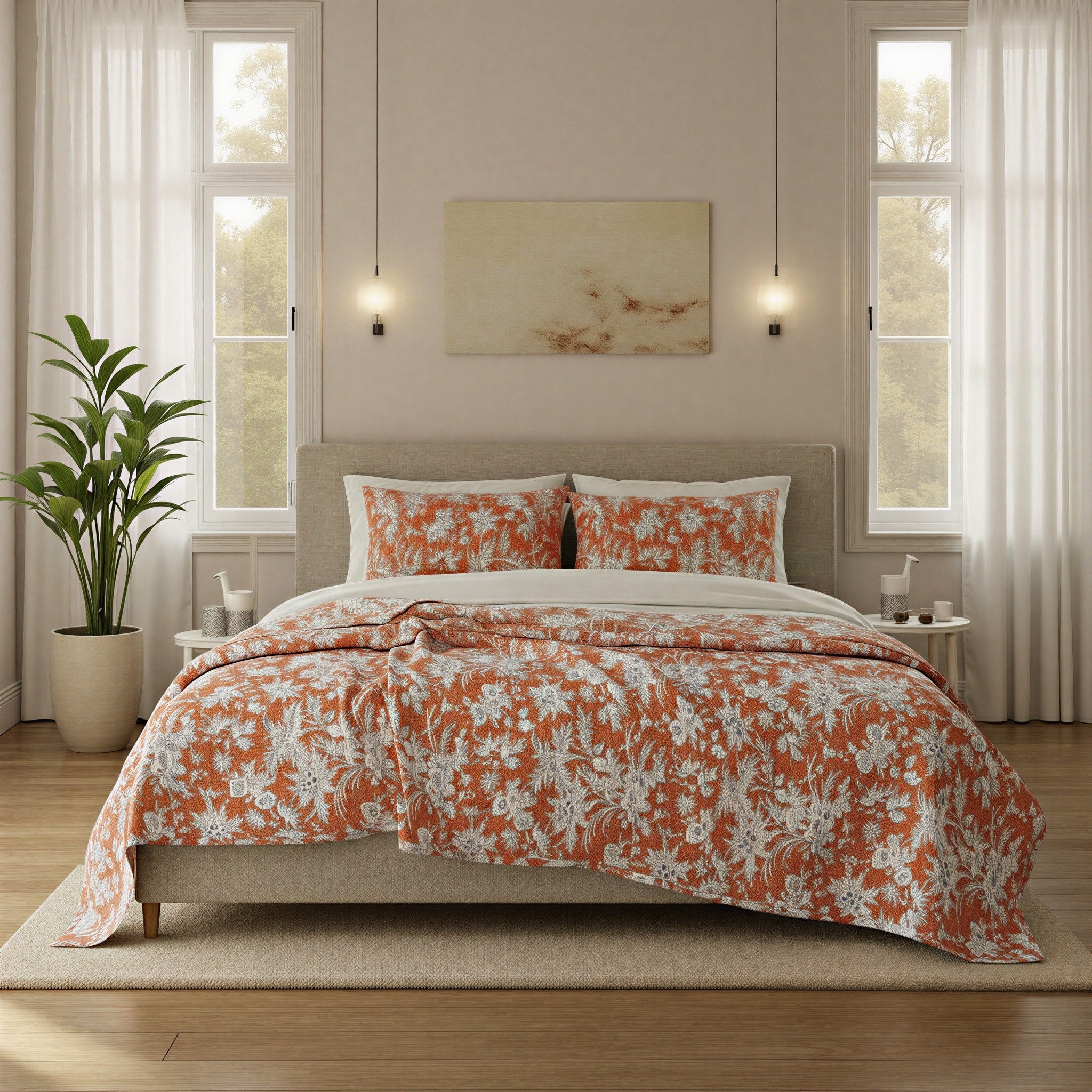 Cotton Voile Printed Bed Cover With Florals And Hand Embroidered Kantha Stitch With 2 Standard Shams