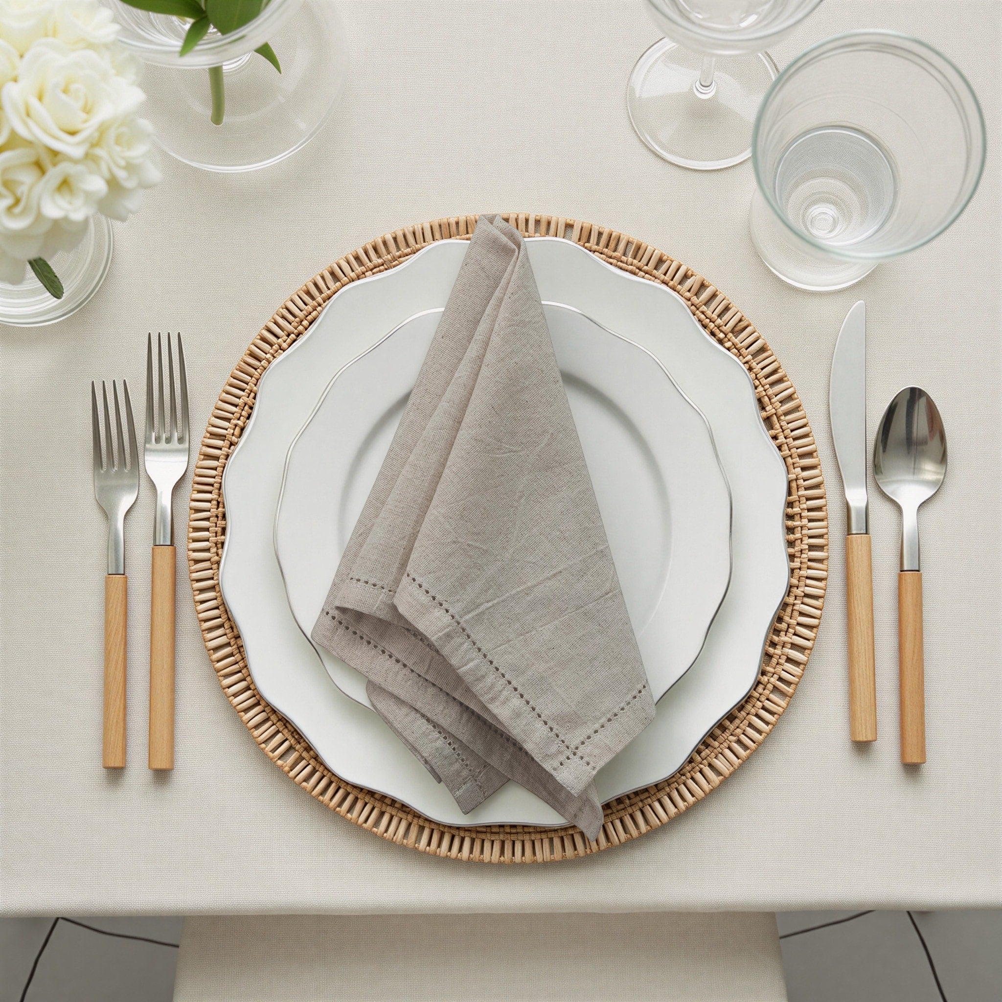 Cotton And Linen Napkins With Border Stitch 18.0 L X 18.0 W X 0.25 H