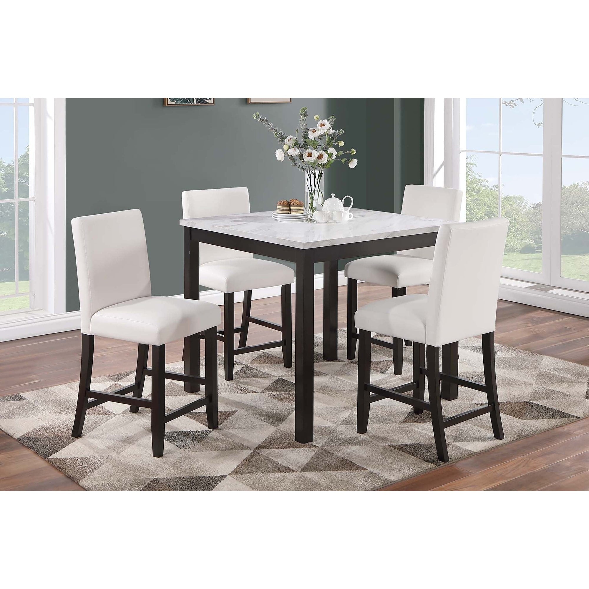 Counter Height 5Pc Dining Table Set White Finish Faux Marble Top