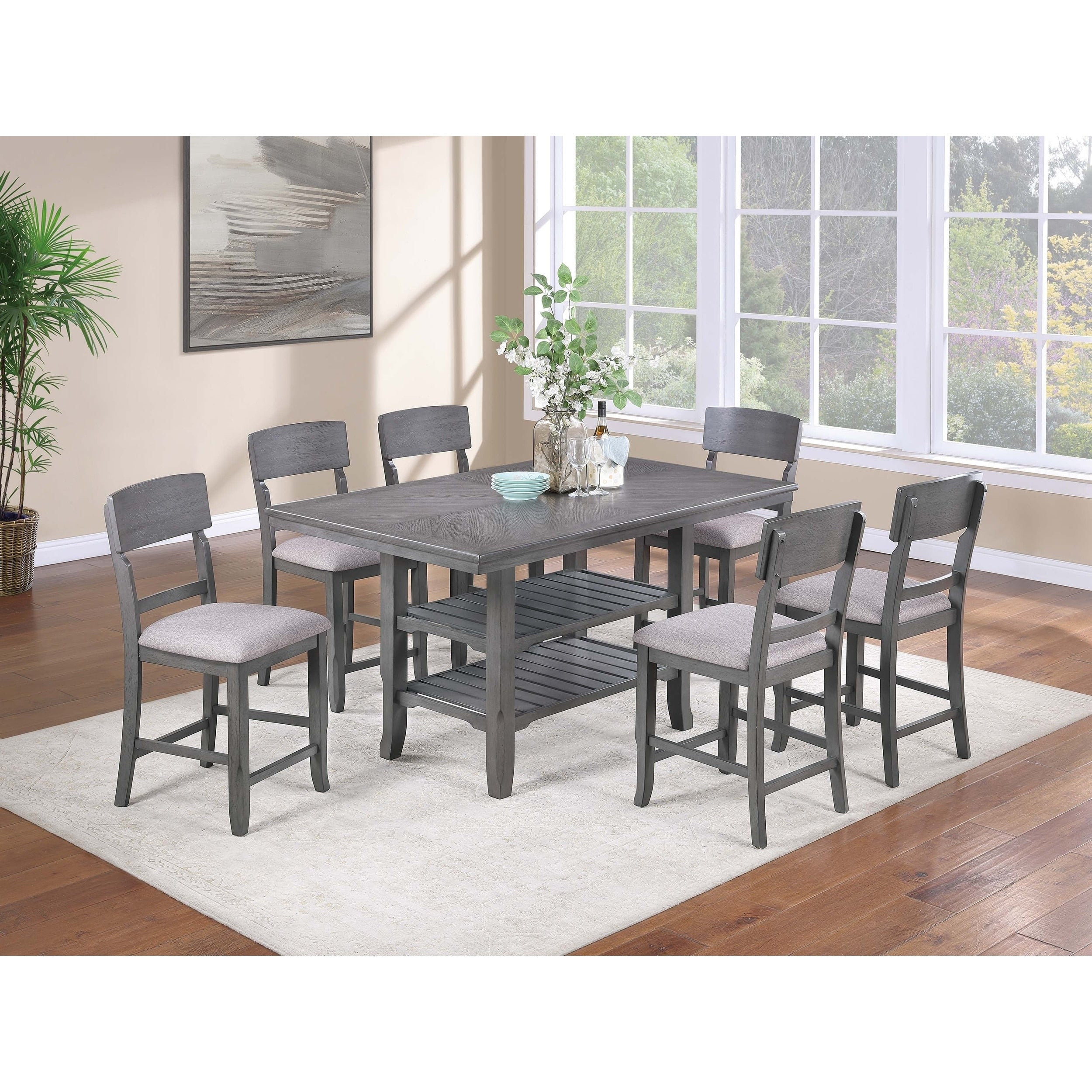 Counter Height 7Pc Dining Table Set Under Table Shelves Gray Finish