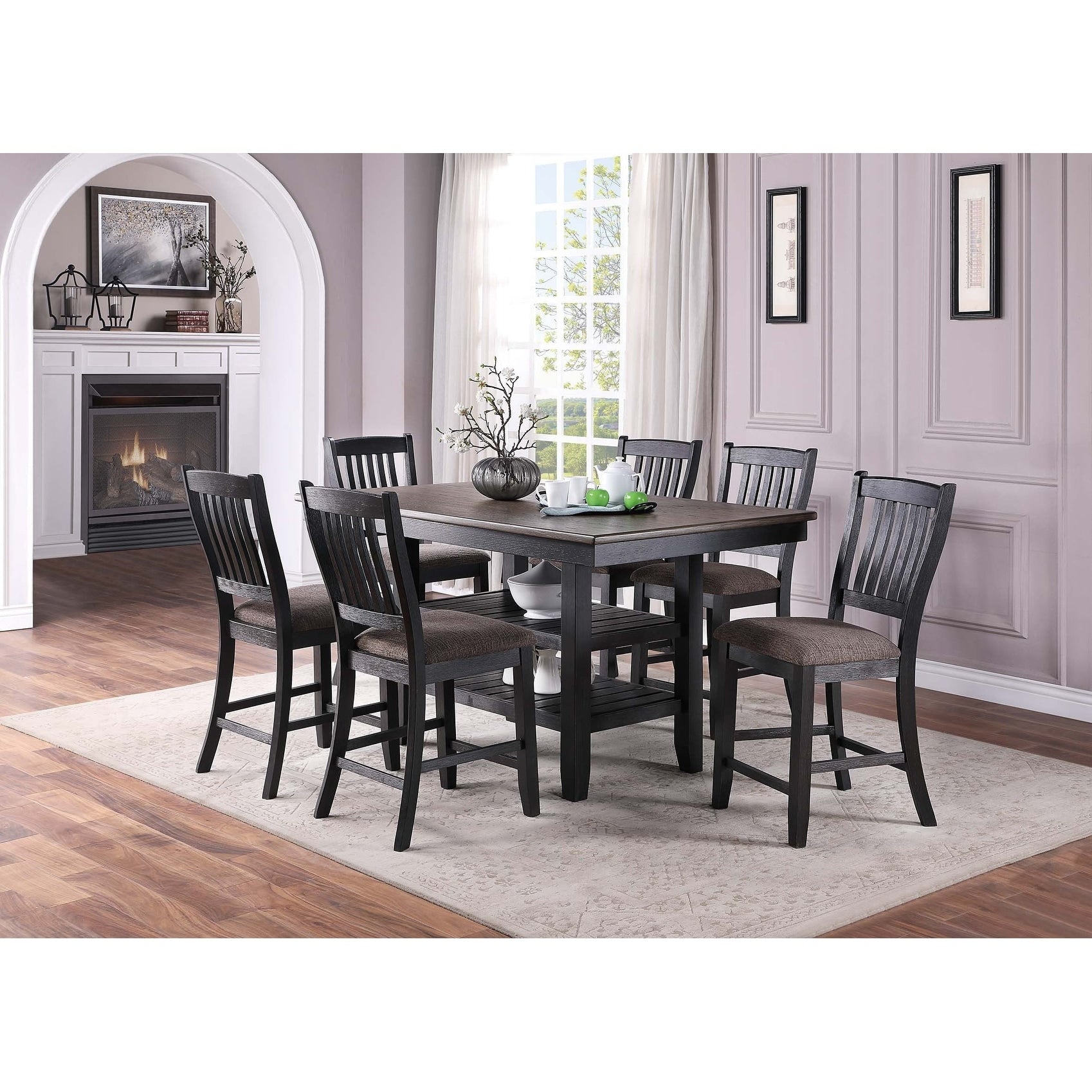 Counter Height Dining Table Set 7Pc Upholstered Seats Black Finish