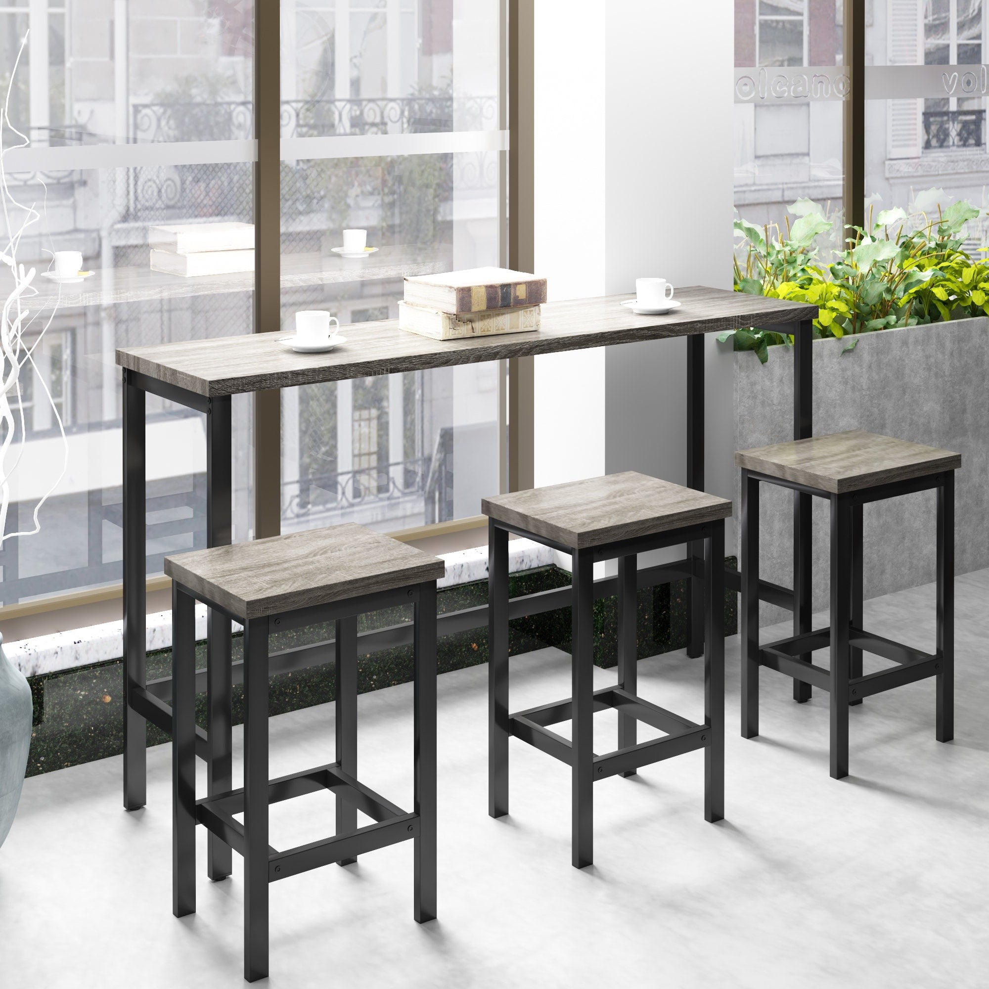 Counter Height Extra Long Dining Table Set With 3 Stools Pub Kitchen Set Side Table With Footrest Gray