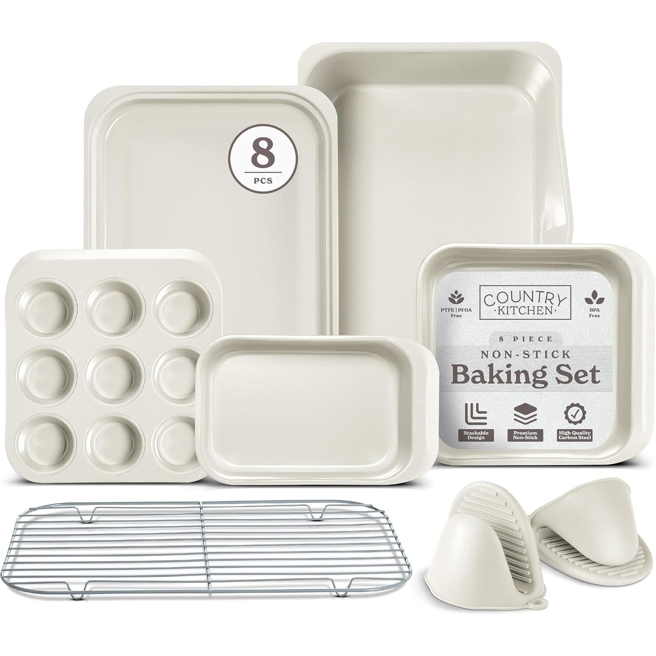 Country Kitchen 8 Piece Bakeware Set Nonstick Baking Pans Nesting Baking Sheets Durable Steel Grey