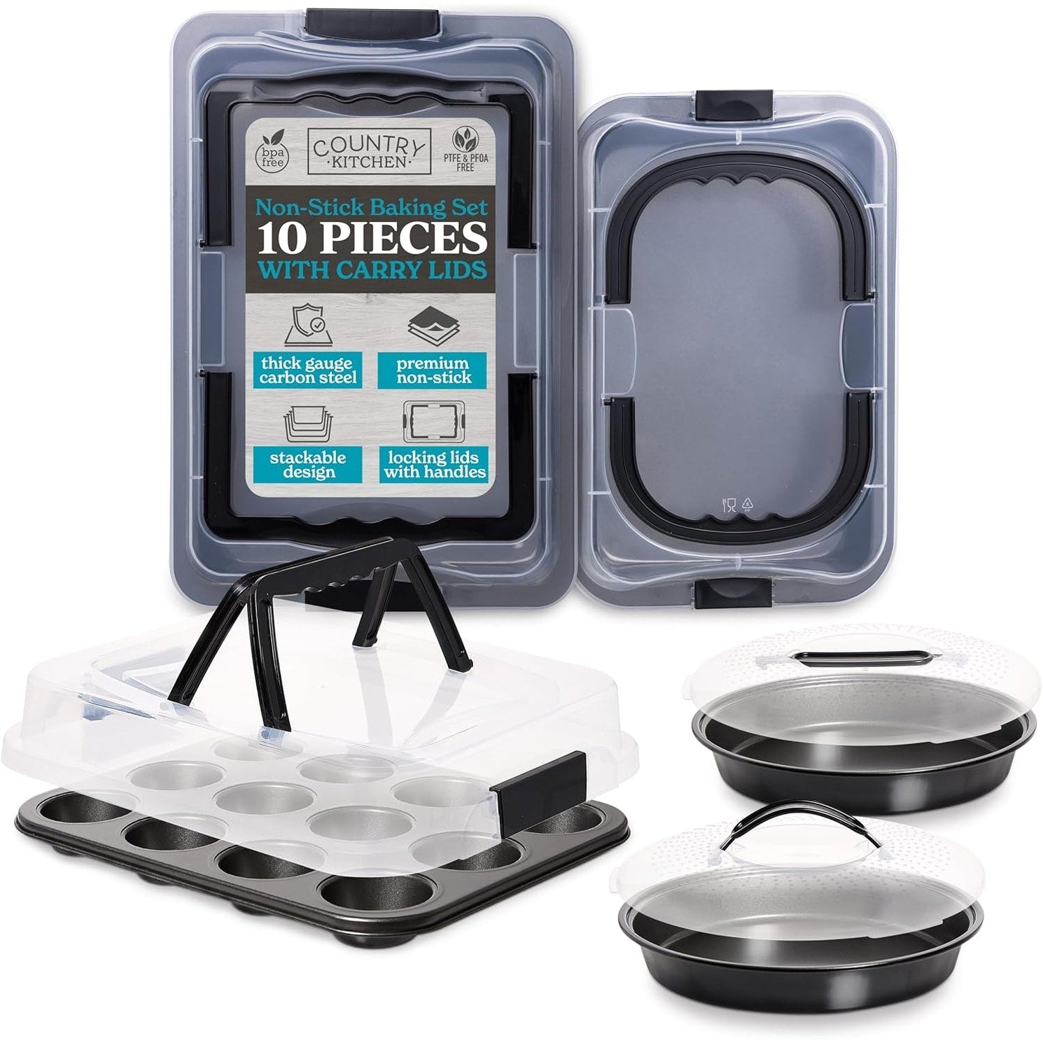 Country Kitchen Baking Pans Set 10 Piece Non Stick Cake Pans With Carry Lids For Storage Travel Perfect For Parties Stackable