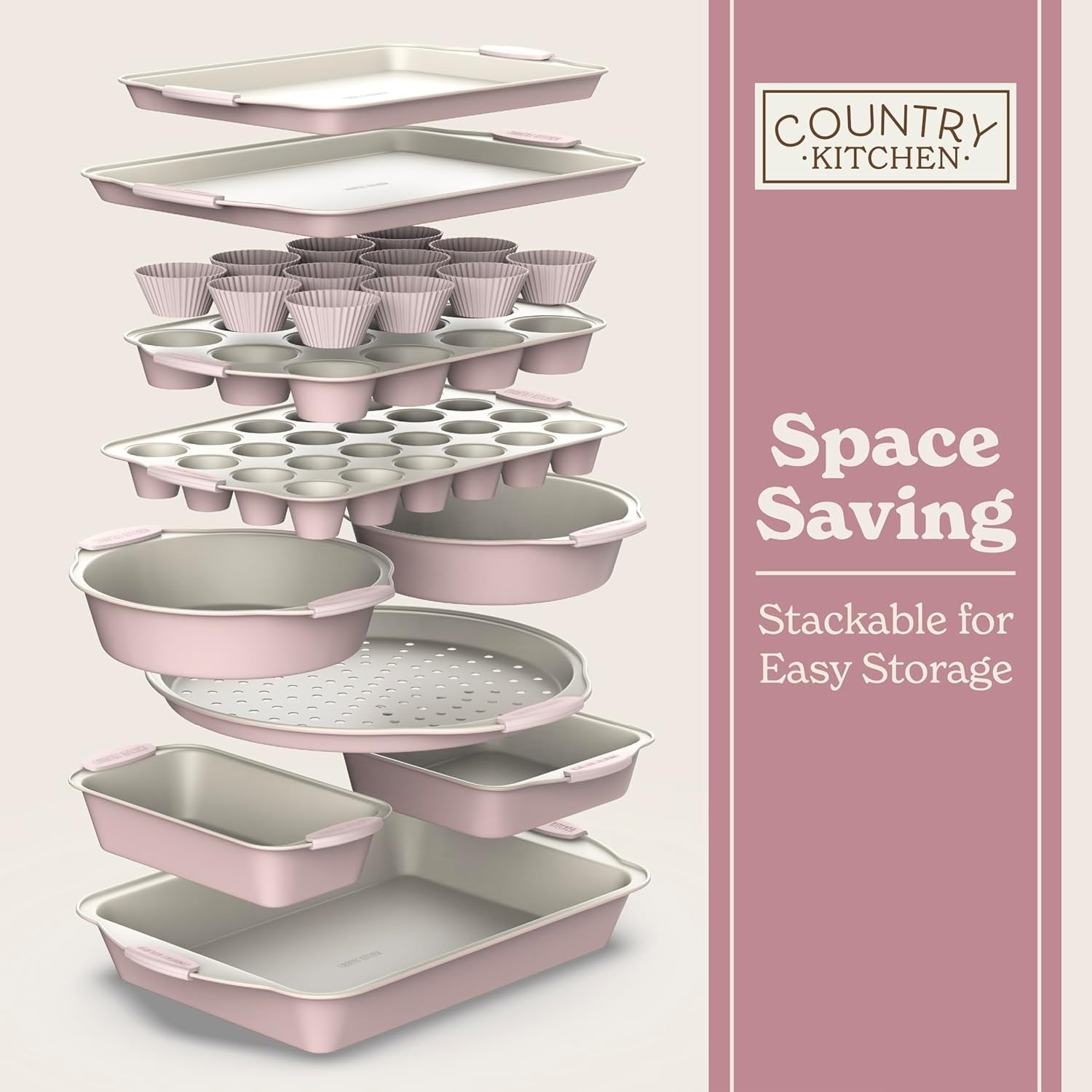 Country Kitchen Nonstick Stackable Bakeware Set Durable Easy Release Baking Set 22 Pc. Includes Silicone Muffin Cups