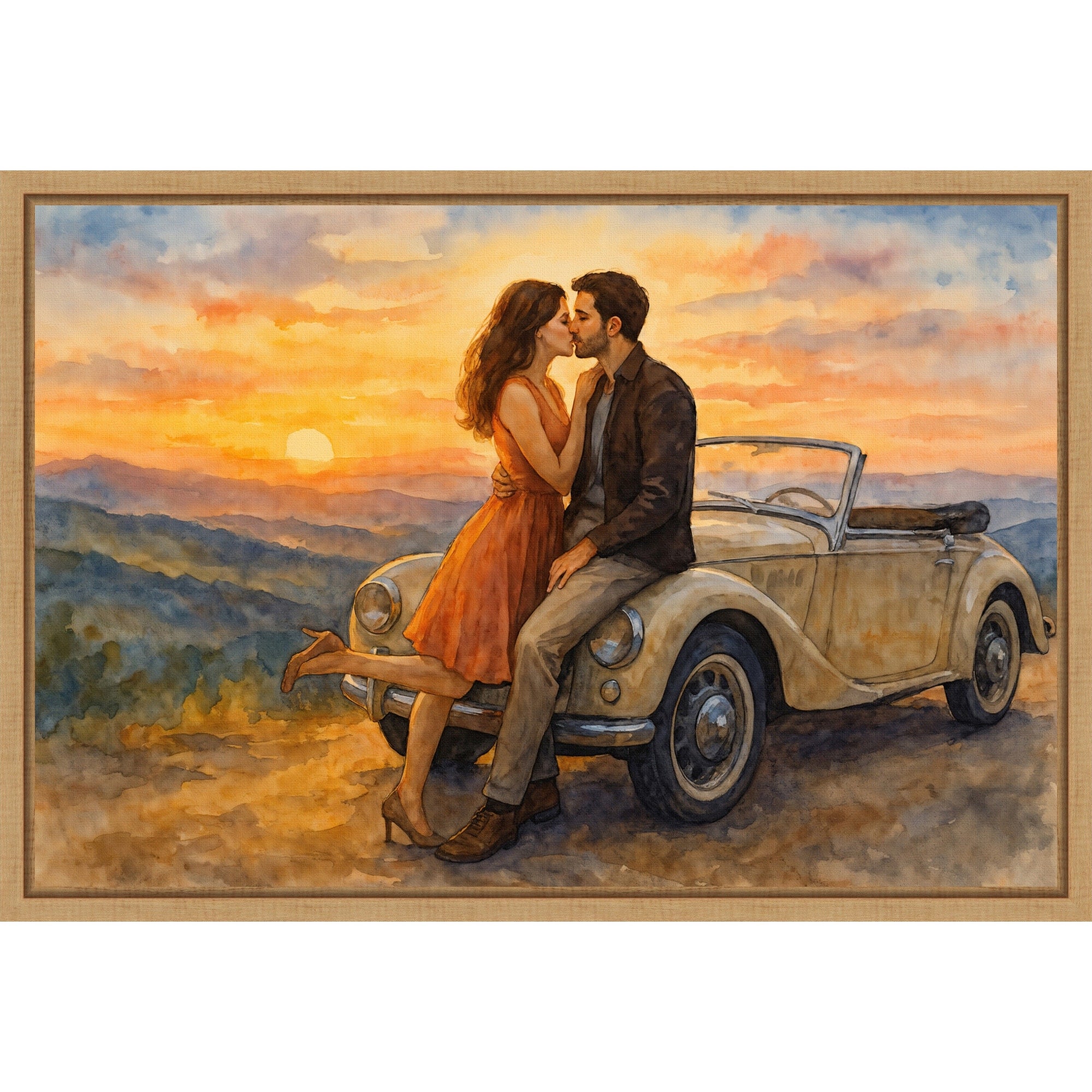 Couple In Love Kissing In Front Of A Classic Convertible Car During Sunset By Natalie Bruns Framed Canvas Wall Art